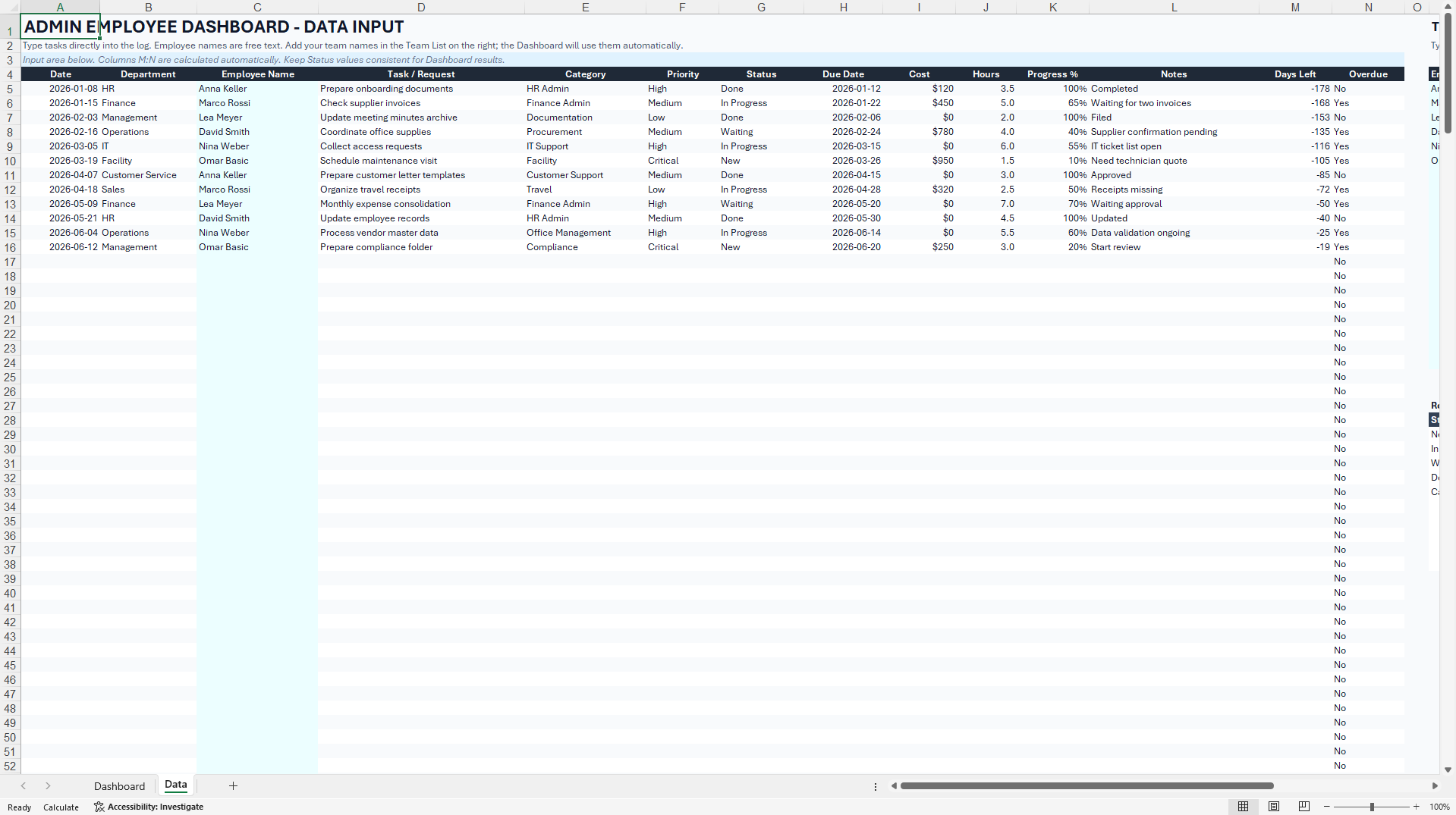 Administrative Employee Task & Workload Dashboard (Excel template (XLSX)) Preview Image