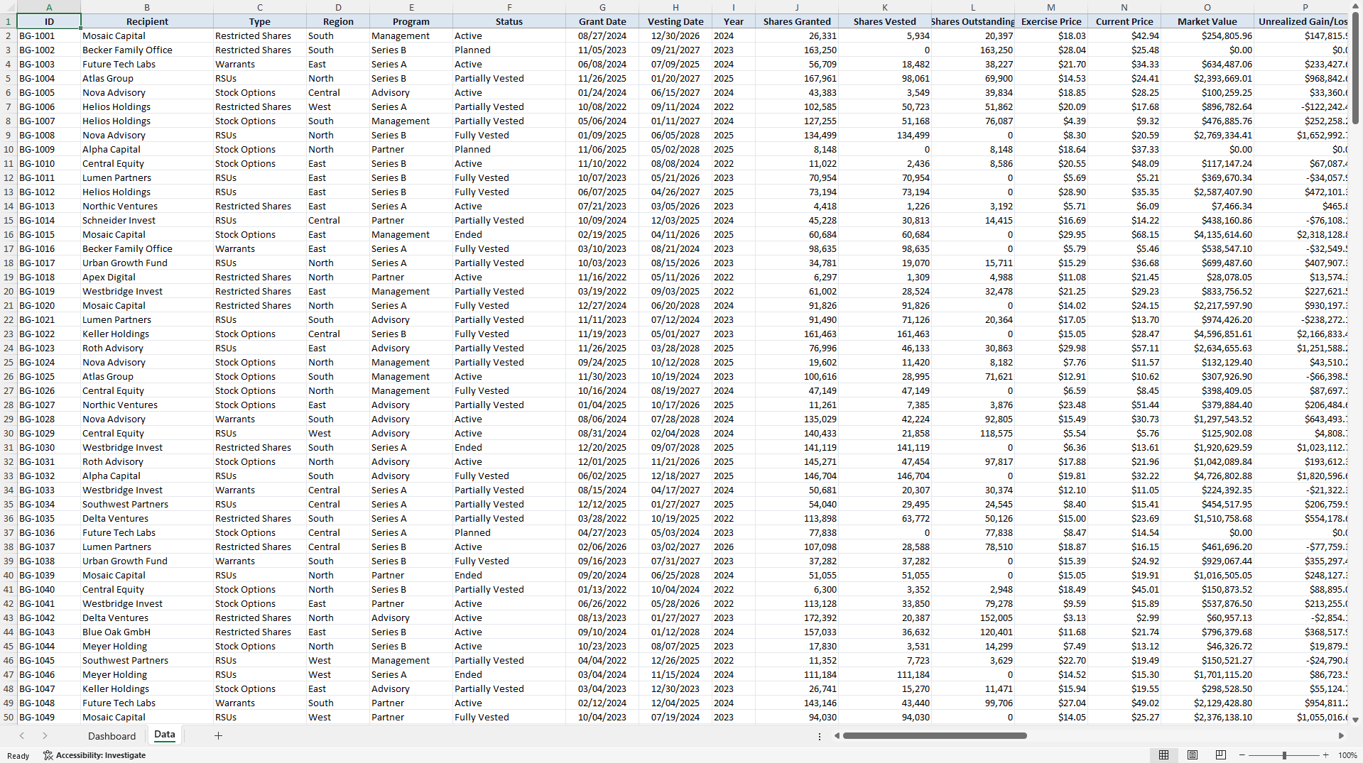 Stock & Equity Grants Management Dashboard (Excel template (XLSX)) Preview Image