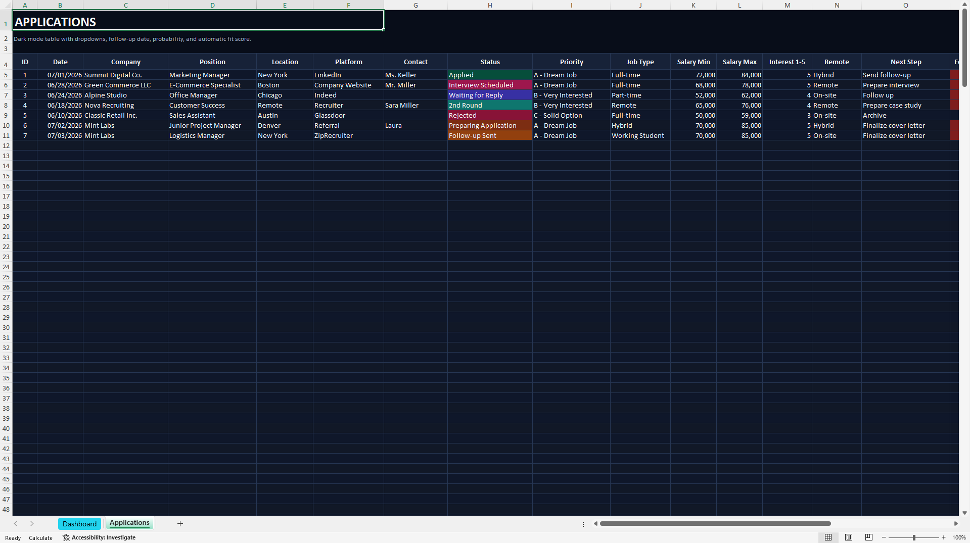 Job Application CRM & Candidate Tracking Dashboard (Excel template (XLSX)) Preview Image