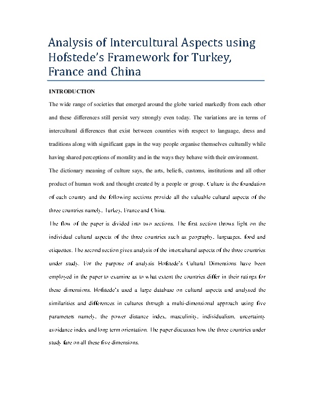 This is a partial preview of Analysis of Intercultural Aspects using Hofstede's Framework for Turkey, France and China (9-page Word document). Full document is 9 pages. 