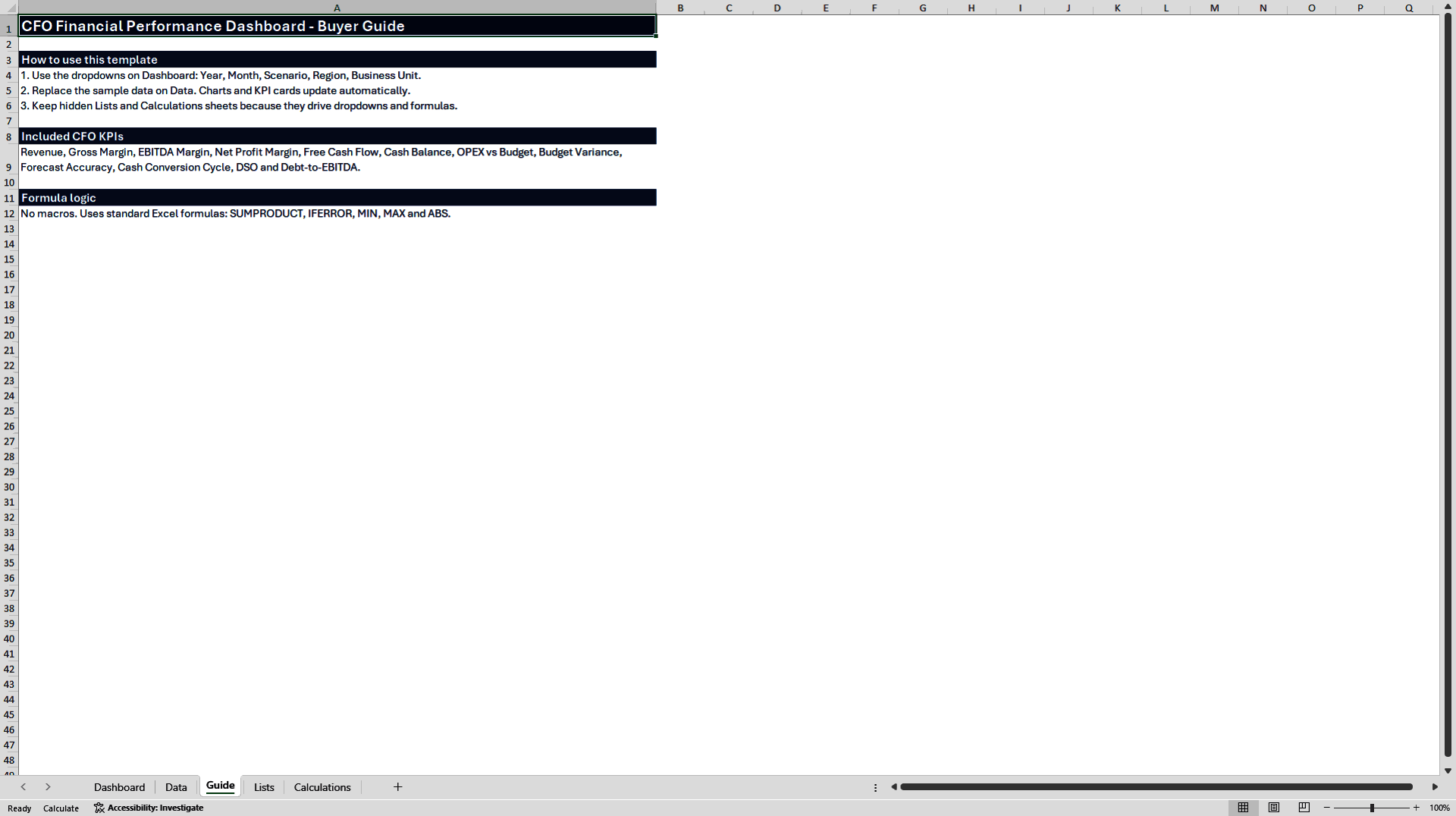Executive CFO Financial Performance Dashboard (Excel template (XLSX)) Preview Image