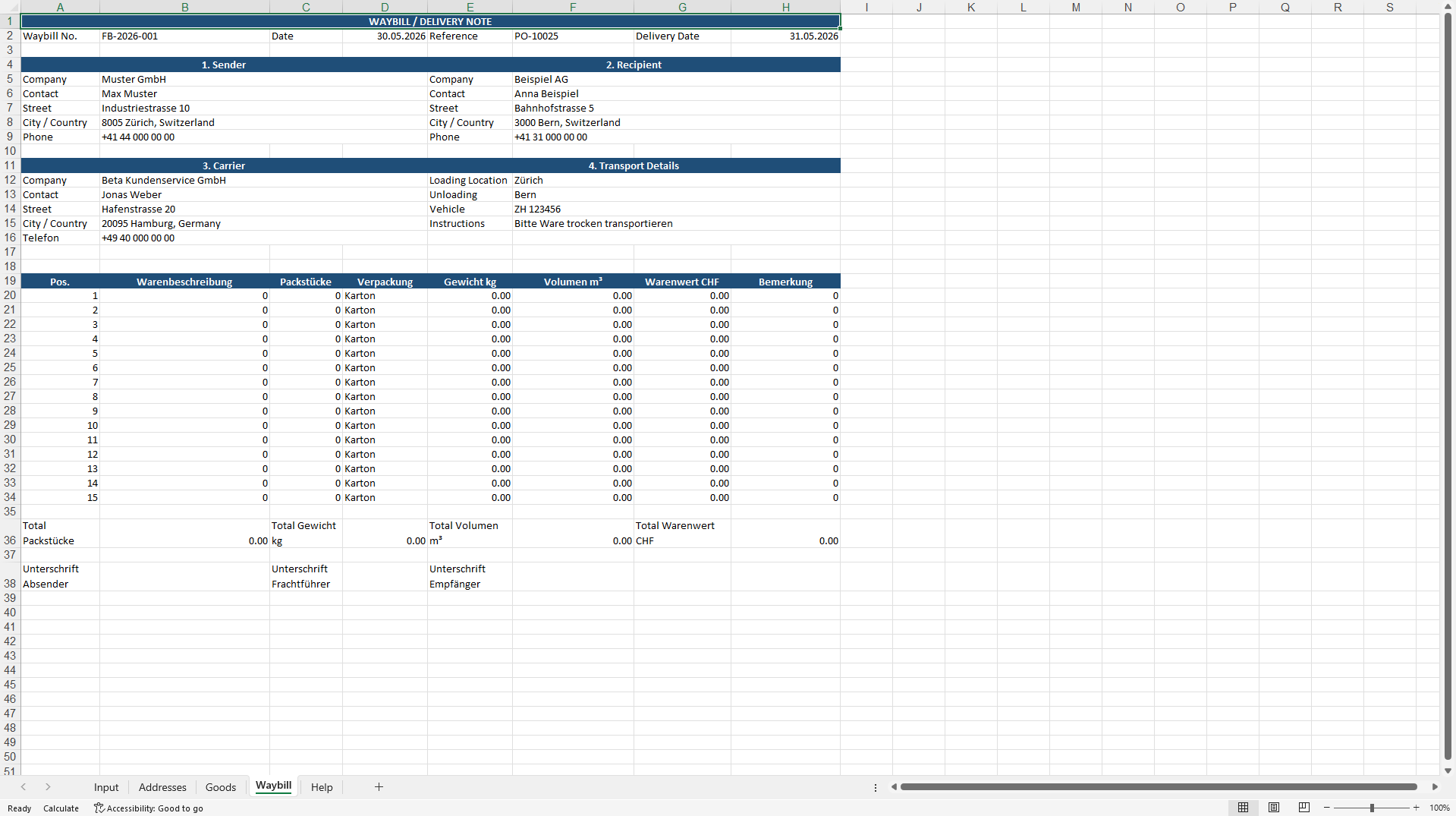 Automated CMR Waybill & Delivery Note Generator (Excel template (XLSX)) Preview Image