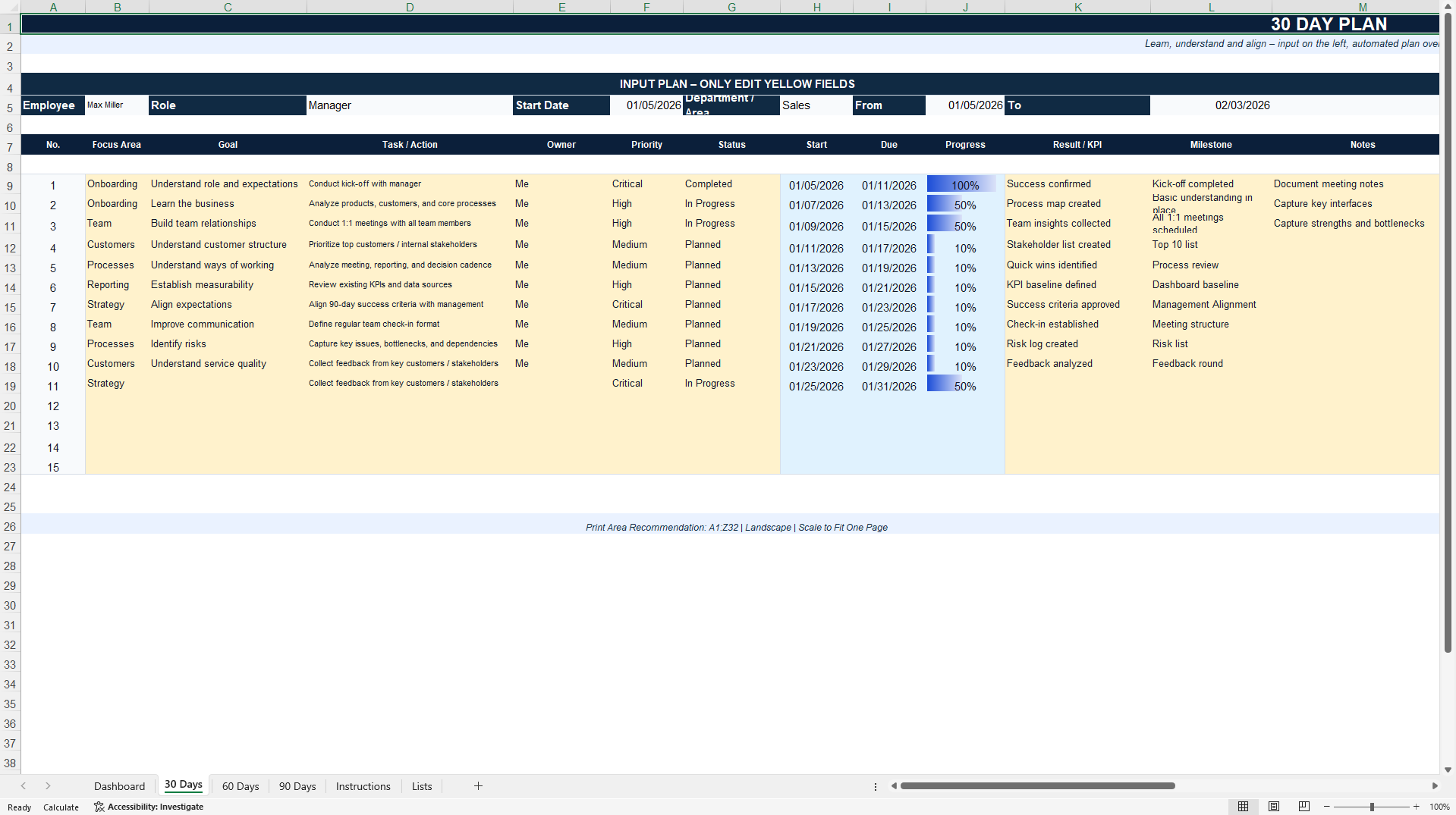 30-60-90 Day Planning & Performance Dashboard (Excel template (XLSX)) Preview Image