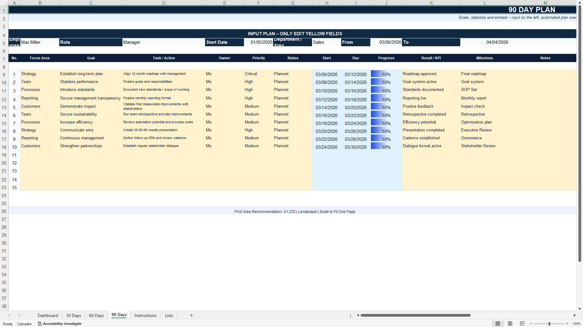 30-60-90 Day Planning & Performance Dashboard (Excel template (XLSX)) Preview Image
