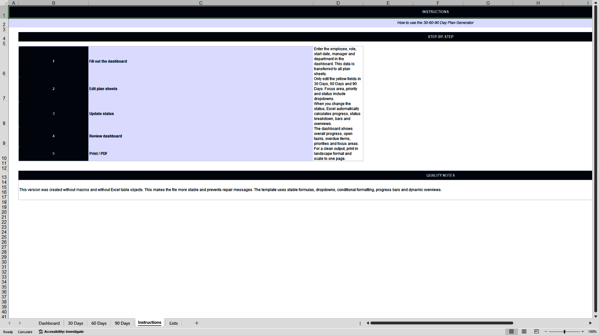 30-60-90 Day Planning & Performance Dashboard (Excel template (XLSX)) Preview Image