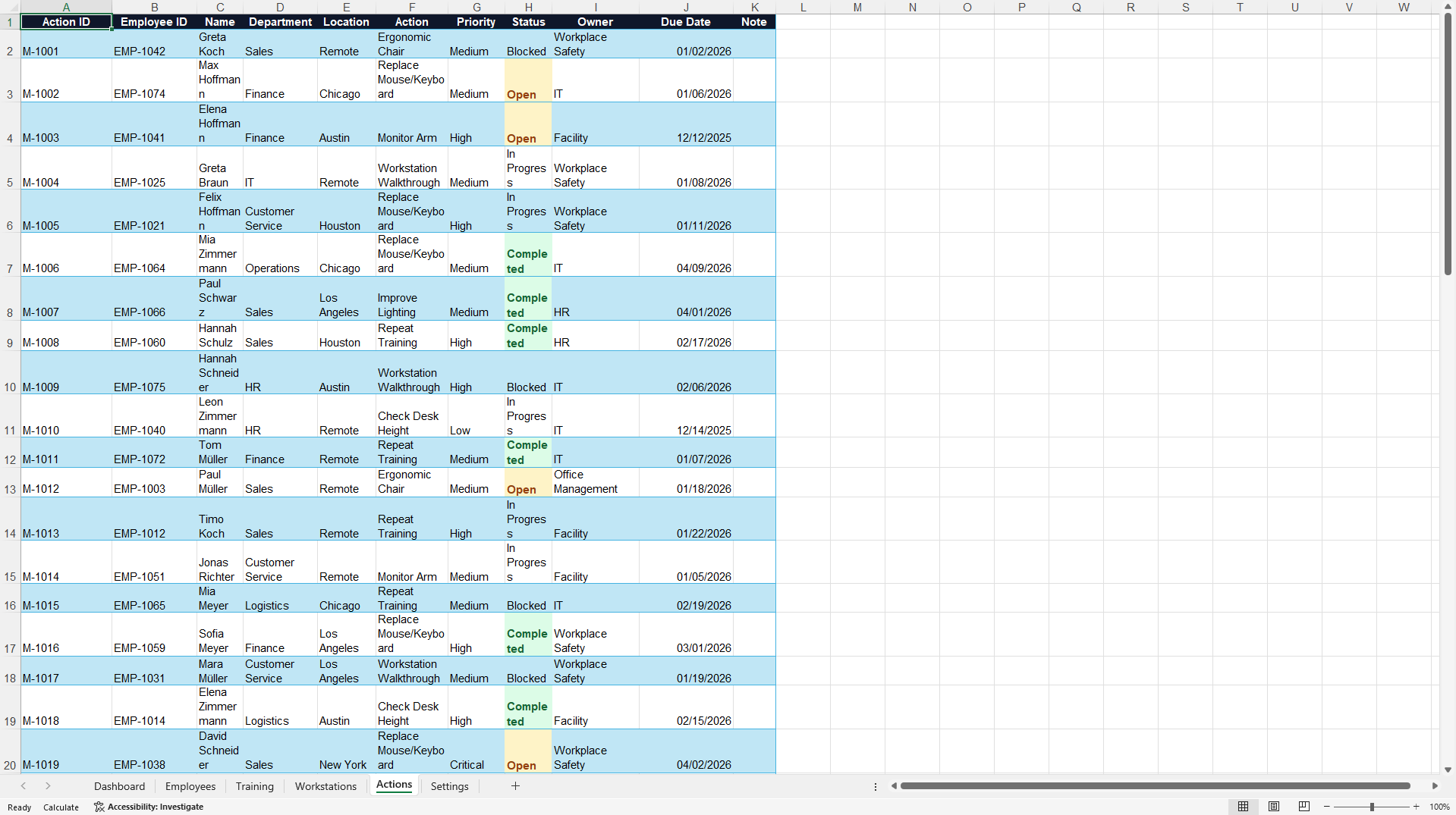 Ergonomics Training & Workplace Assessment Dashboard (Excel template (XLSX)) Preview Image