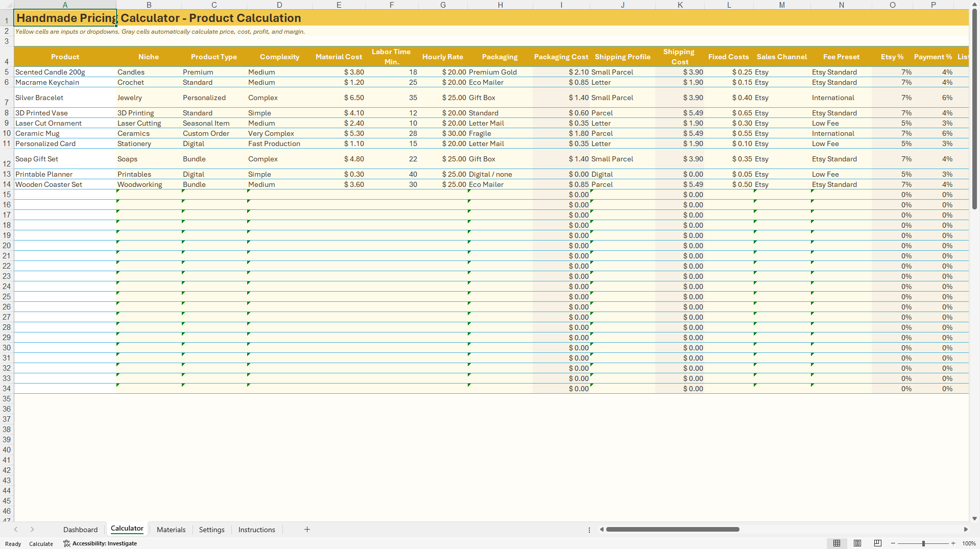 Handmade Product Pricing Calculator for Etsy Sellers (Excel template (XLSX)) Preview Image