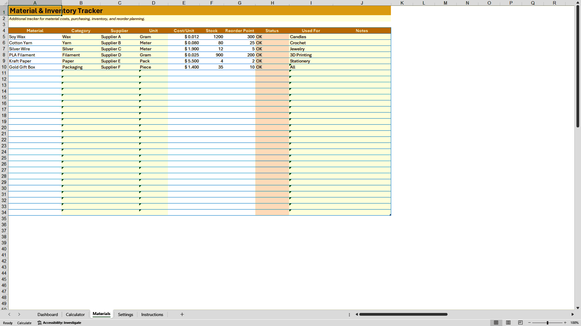 Handmade Product Pricing Calculator for Etsy Sellers (Excel template (XLSX)) Preview Image
