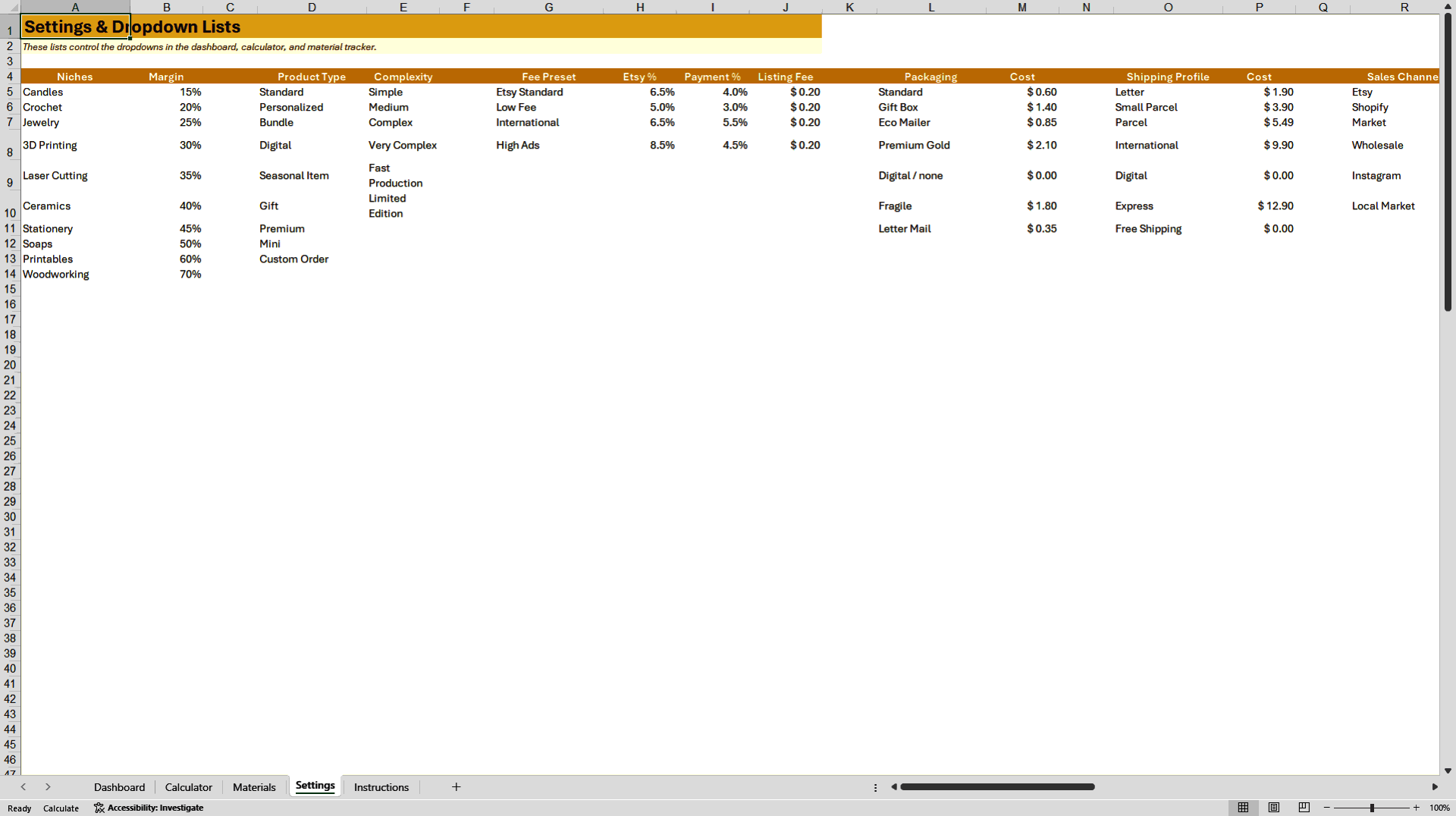 Handmade Product Pricing Calculator for Etsy Sellers (Excel template (XLSX)) Preview Image