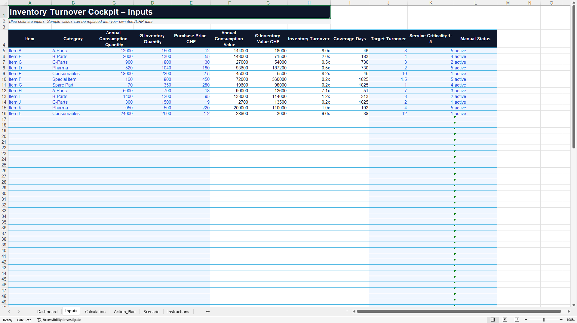 Inventory Turnover Performance Dashboard (Excel template (XLSX)) Preview Image