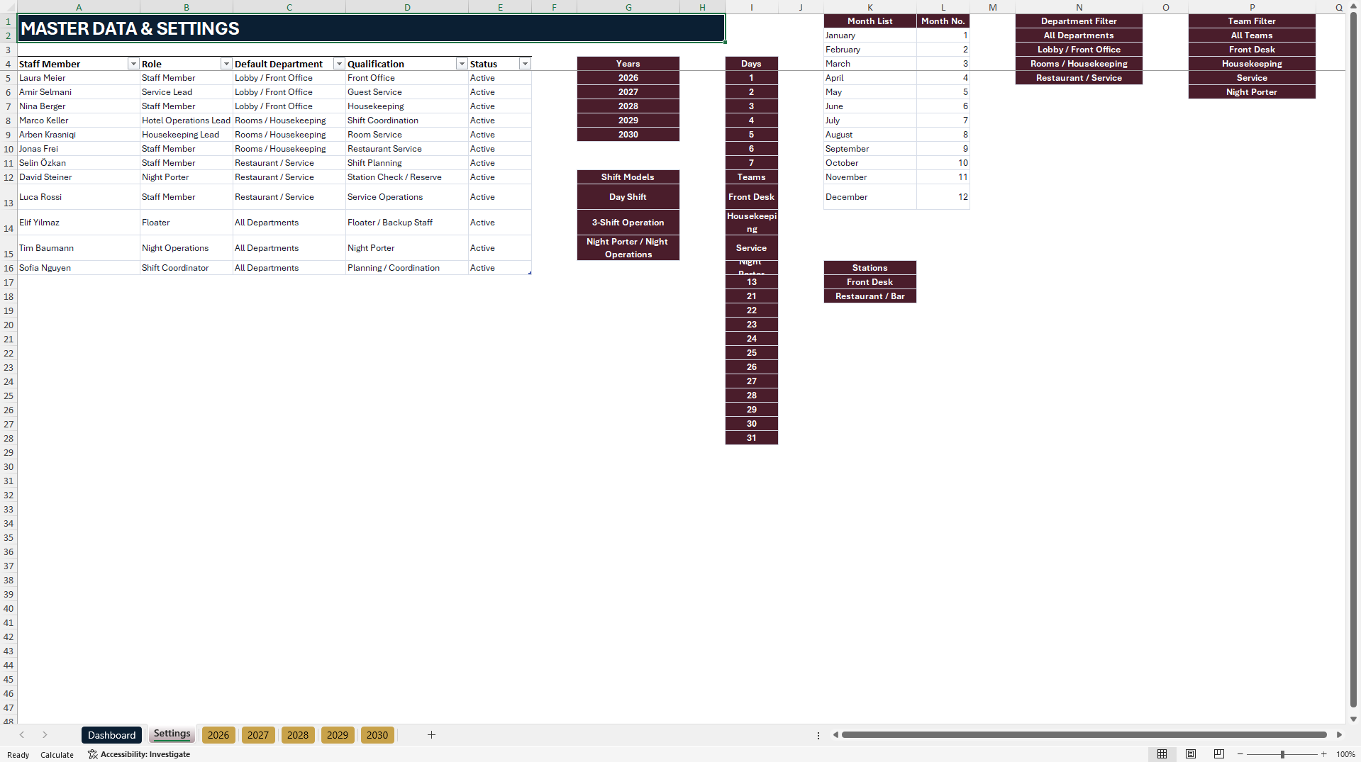 Hotel Staff Scheduling & Workforce Planning Dashboard (Excel template (XLSX)) Preview Image