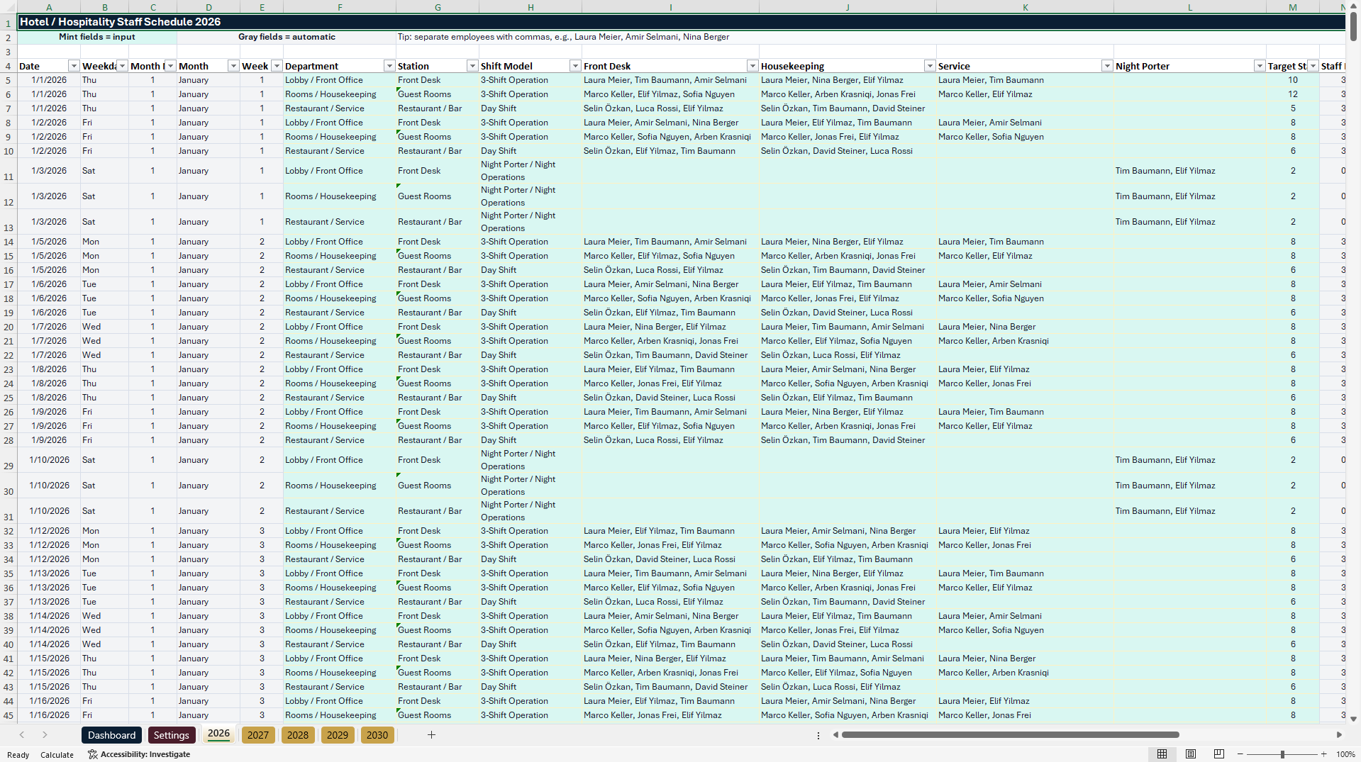 Hotel Staff Scheduling & Workforce Planning Dashboard (Excel template (XLSX)) Preview Image