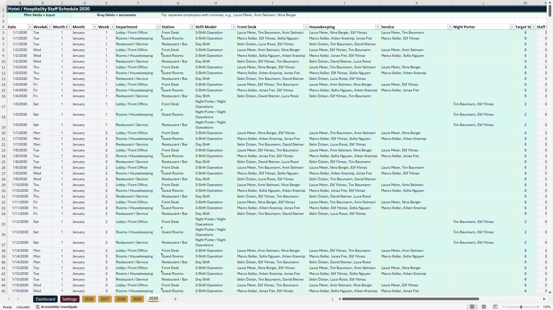 Hotel Staff Scheduling & Workforce Planning Dashboard (Excel template (XLSX)) Preview Image
