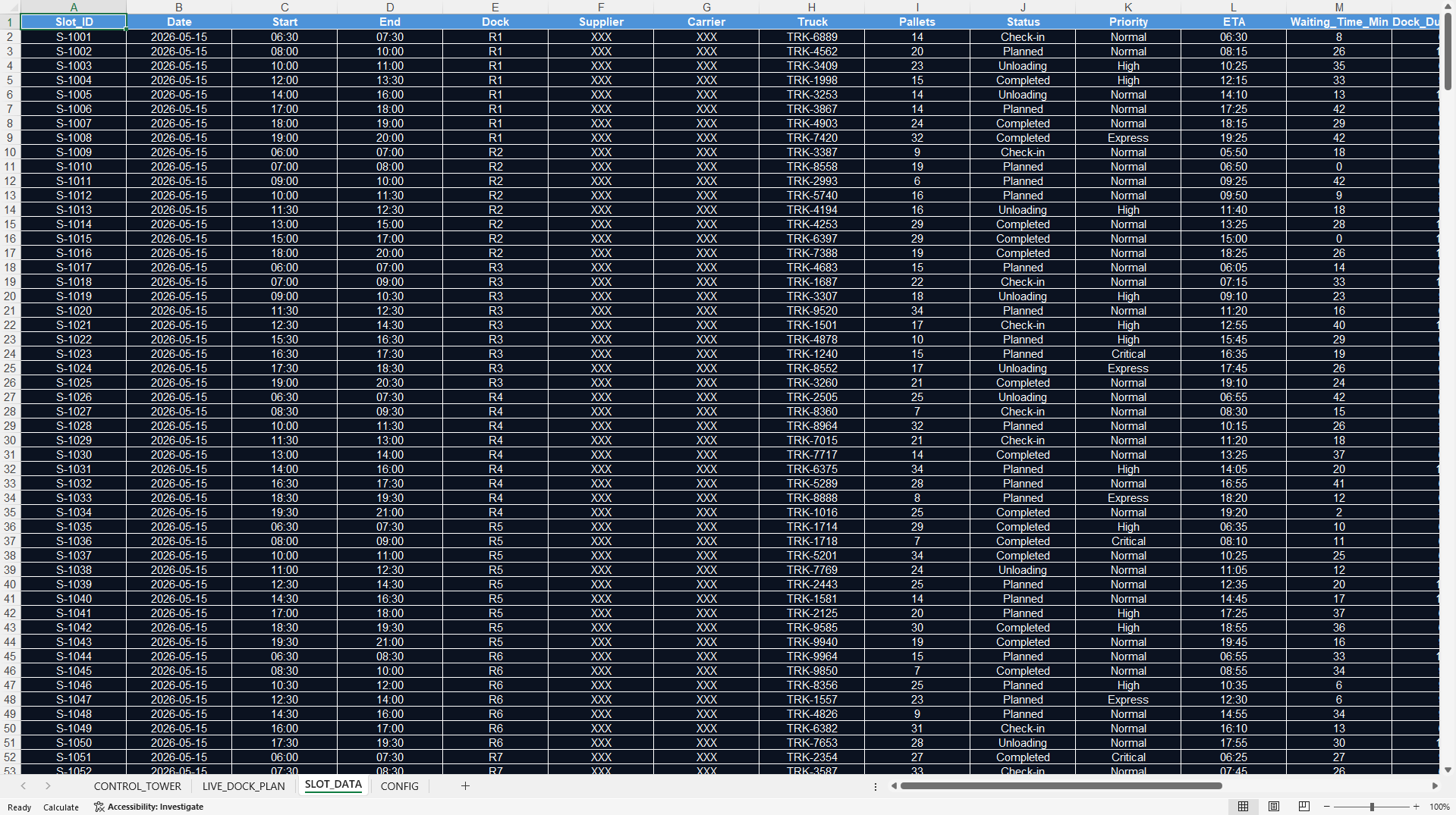 Inbound Warehouse Slot Planning & Dock Scheduling Dashboard (Excel template (XLSX)) Preview Image