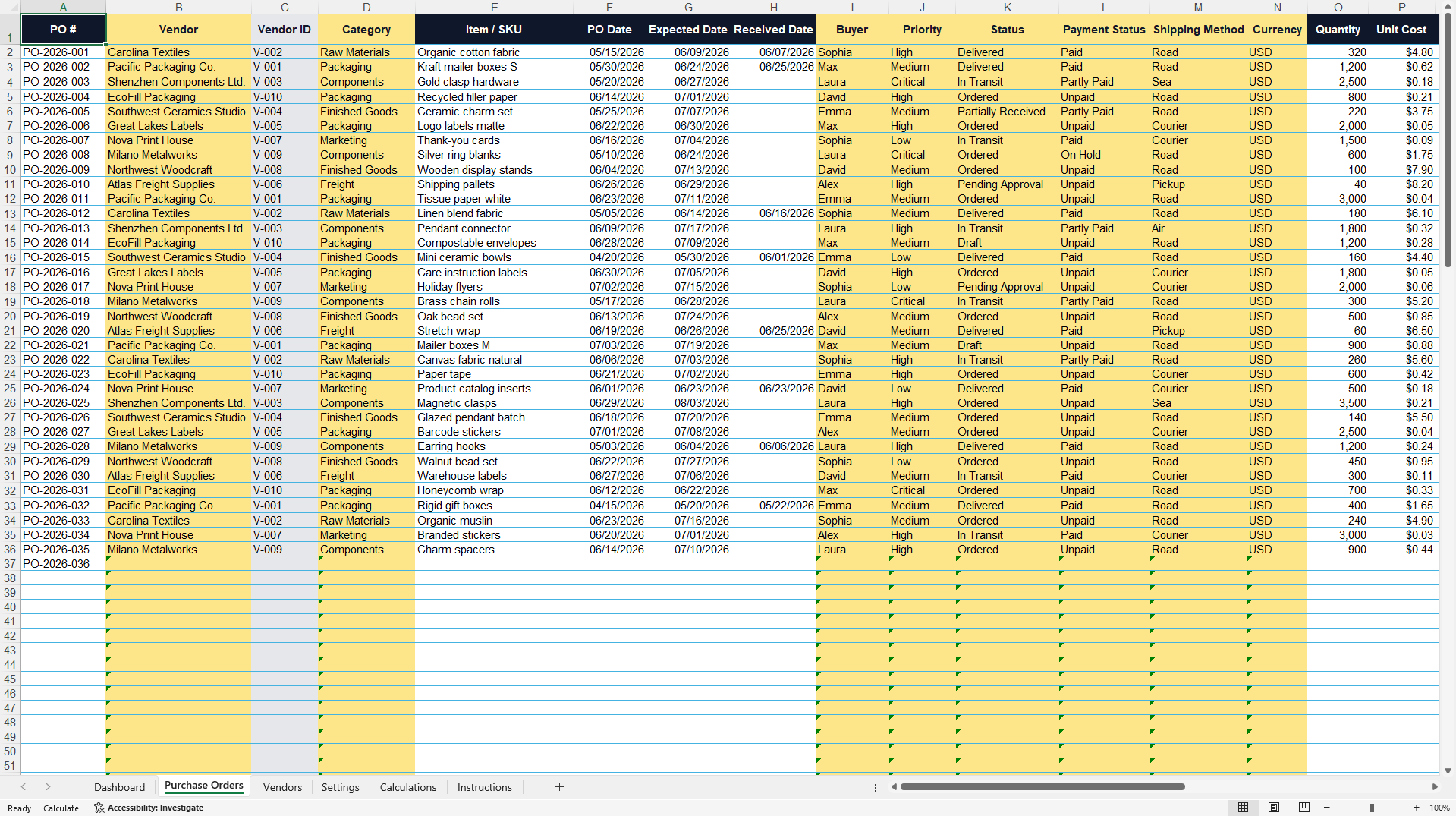 Purchase Order Tracker & Procurement Dashboard (Excel template (XLSX)) Preview Image