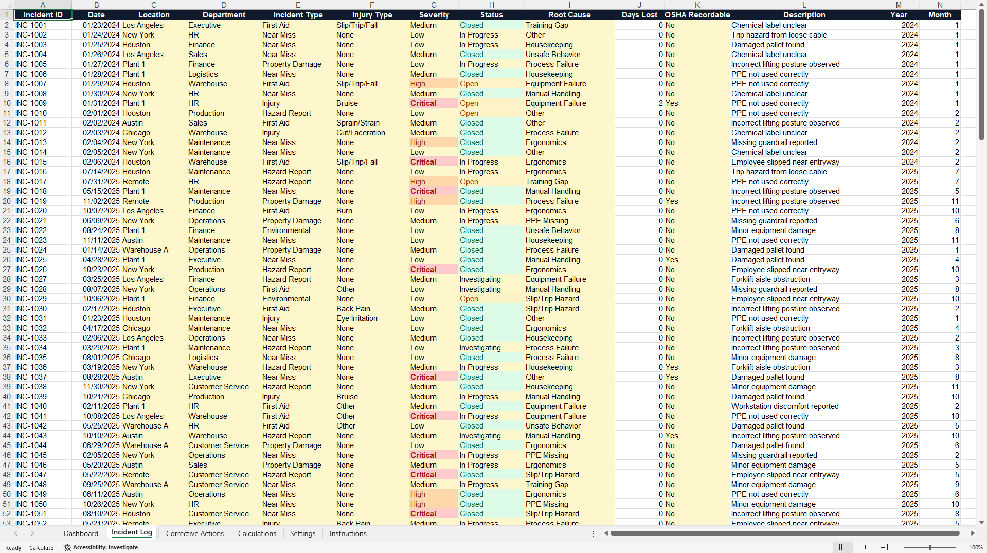 Workplace Safety Incident Management Dashboard (Excel template (XLSX)) Preview Image