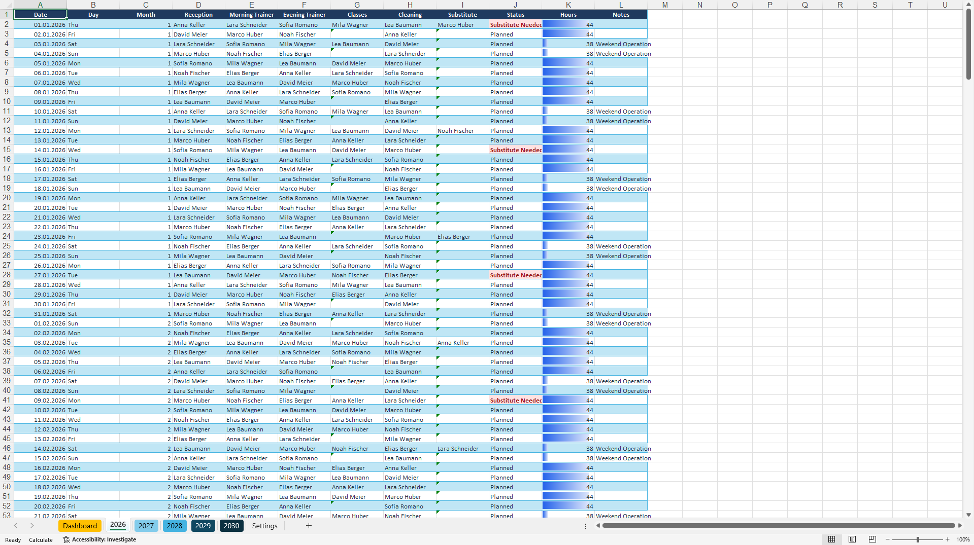 Fitness Studio Staff Scheduling & Workforce Planning (Excel template (XLSX)) Preview Image