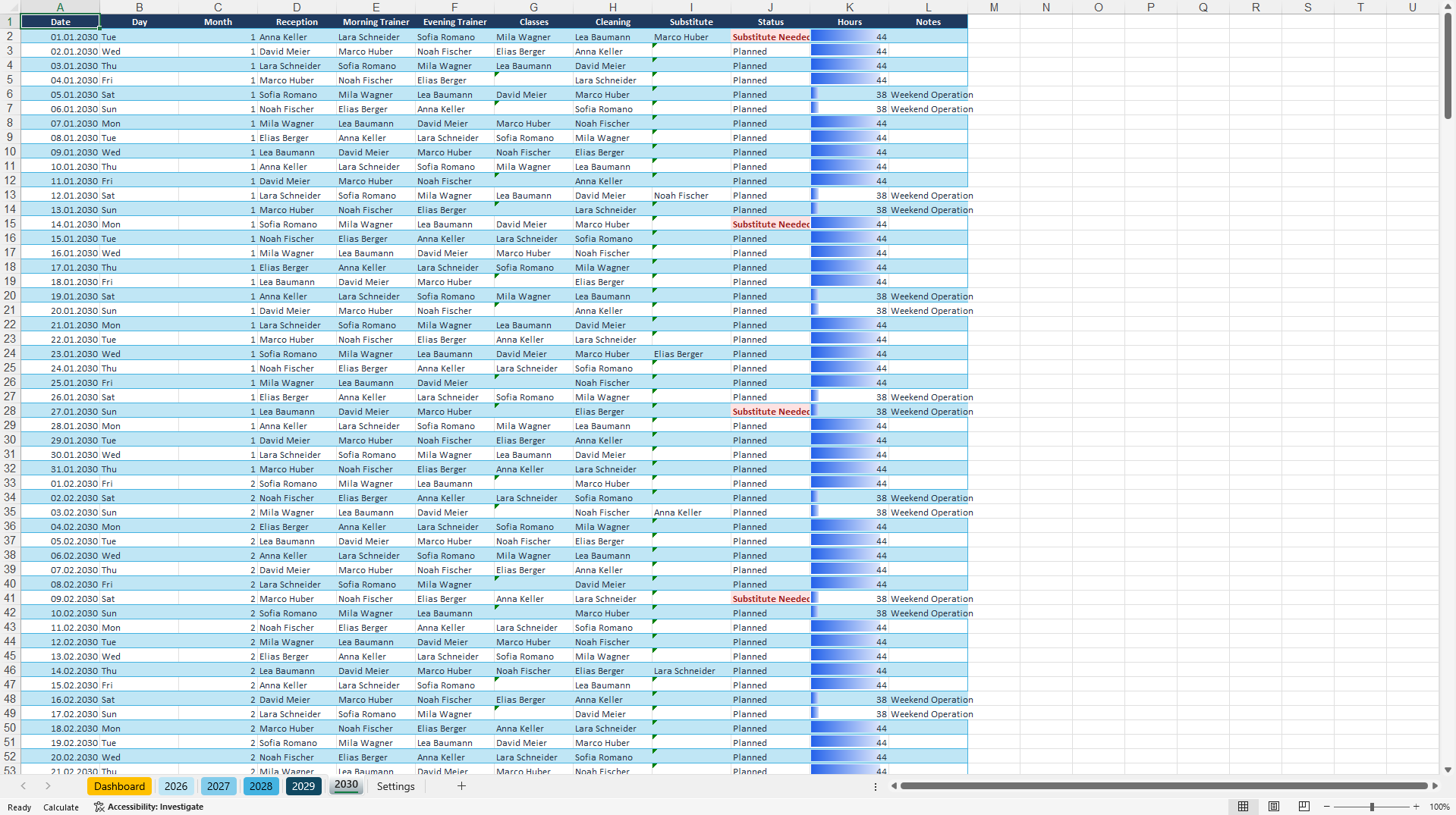 Fitness Studio Staff Scheduling & Workforce Planning (Excel template (XLSX)) Preview Image