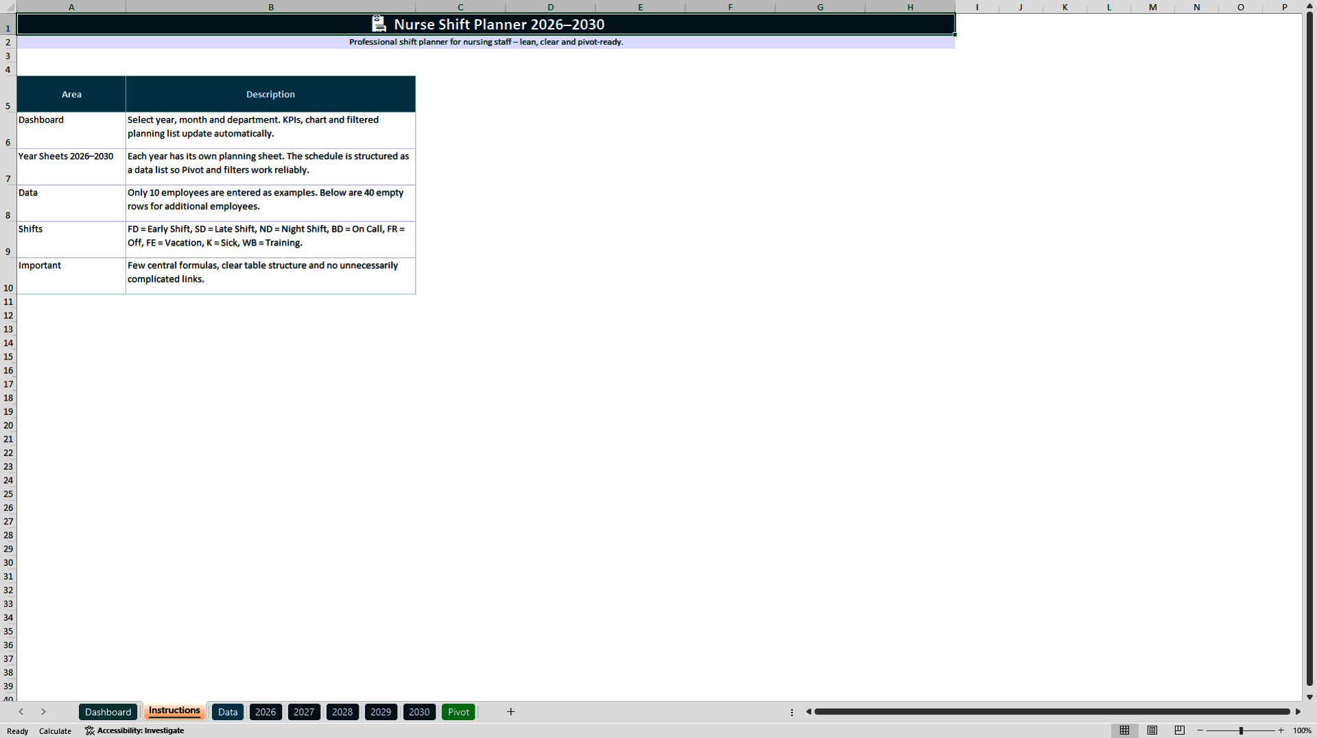 Nurse Shift Planning & Workforce Scheduling Dashboard (Excel template (XLSX)) Preview Image