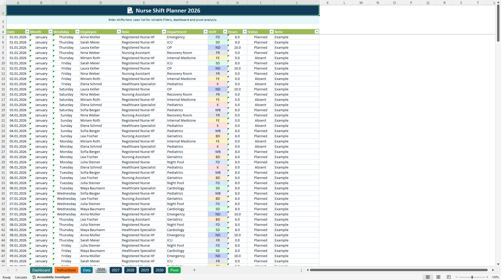 Nurse Shift Planning & Workforce Scheduling Dashboard (Excel template (XLSX)) Preview Image