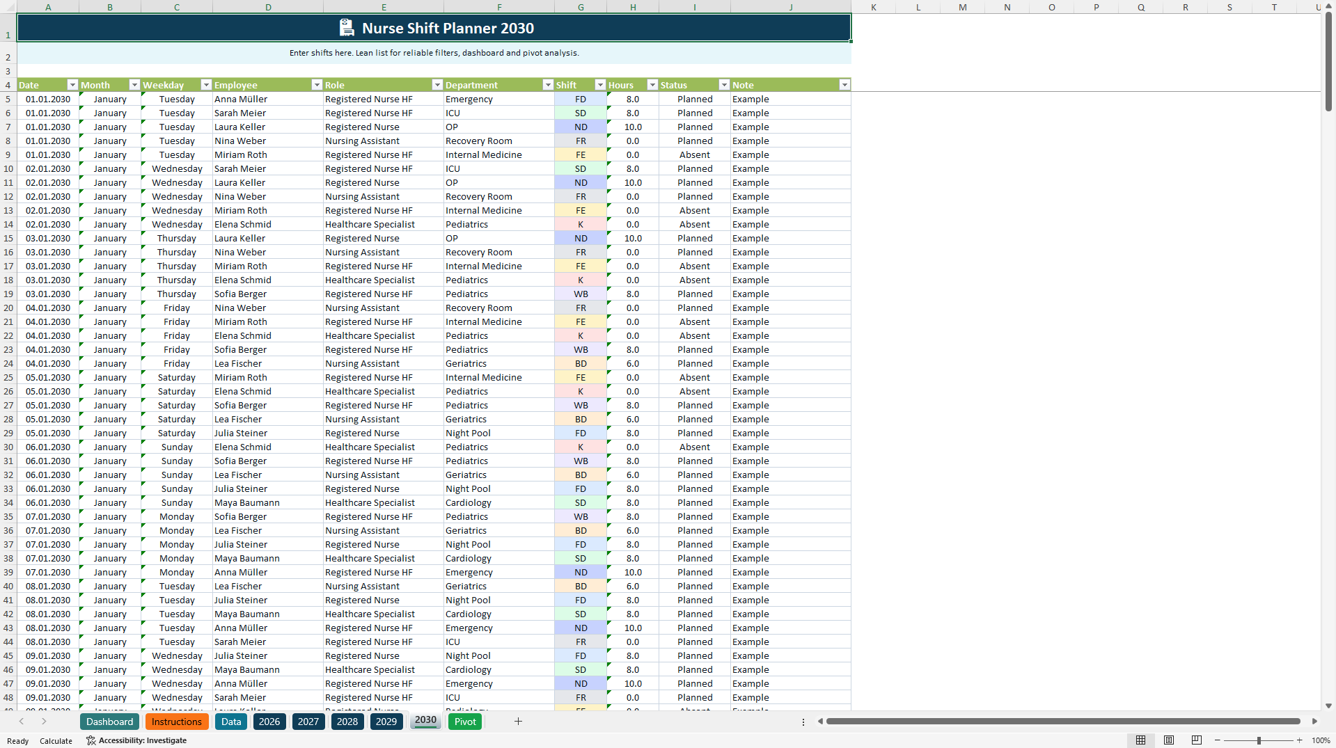 Nurse Shift Planning & Workforce Scheduling Dashboard (Excel template (XLSX)) Preview Image