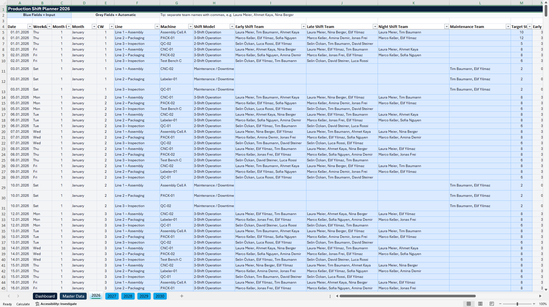 Production Shift Planning & Workforce Scheduling Dashboard (Excel template (XLSX)) Preview Image