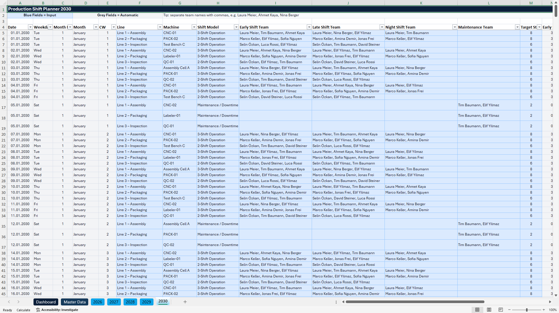 Production Shift Planning & Workforce Scheduling Dashboard (Excel template (XLSX)) Preview Image