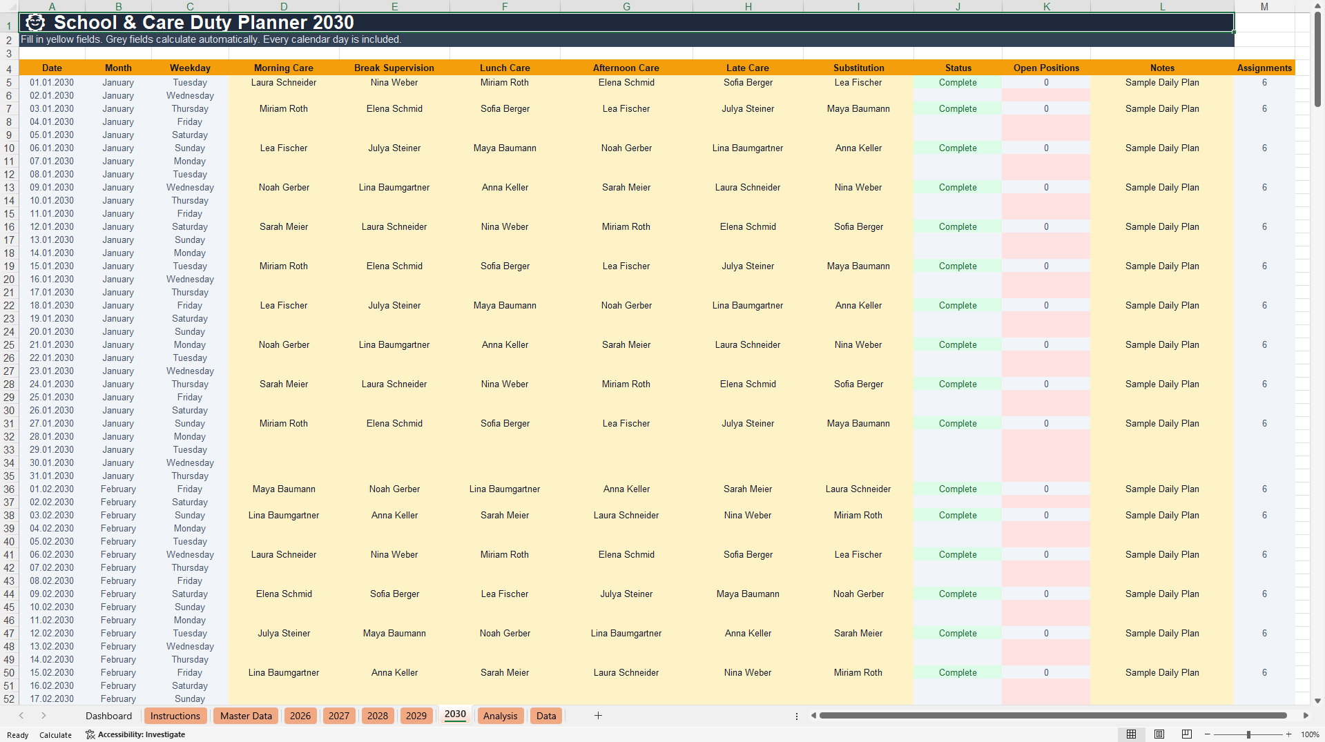 School Staff Duty Planning & Workforce Scheduling Dashboard (Excel template (XLSX)) Preview Image