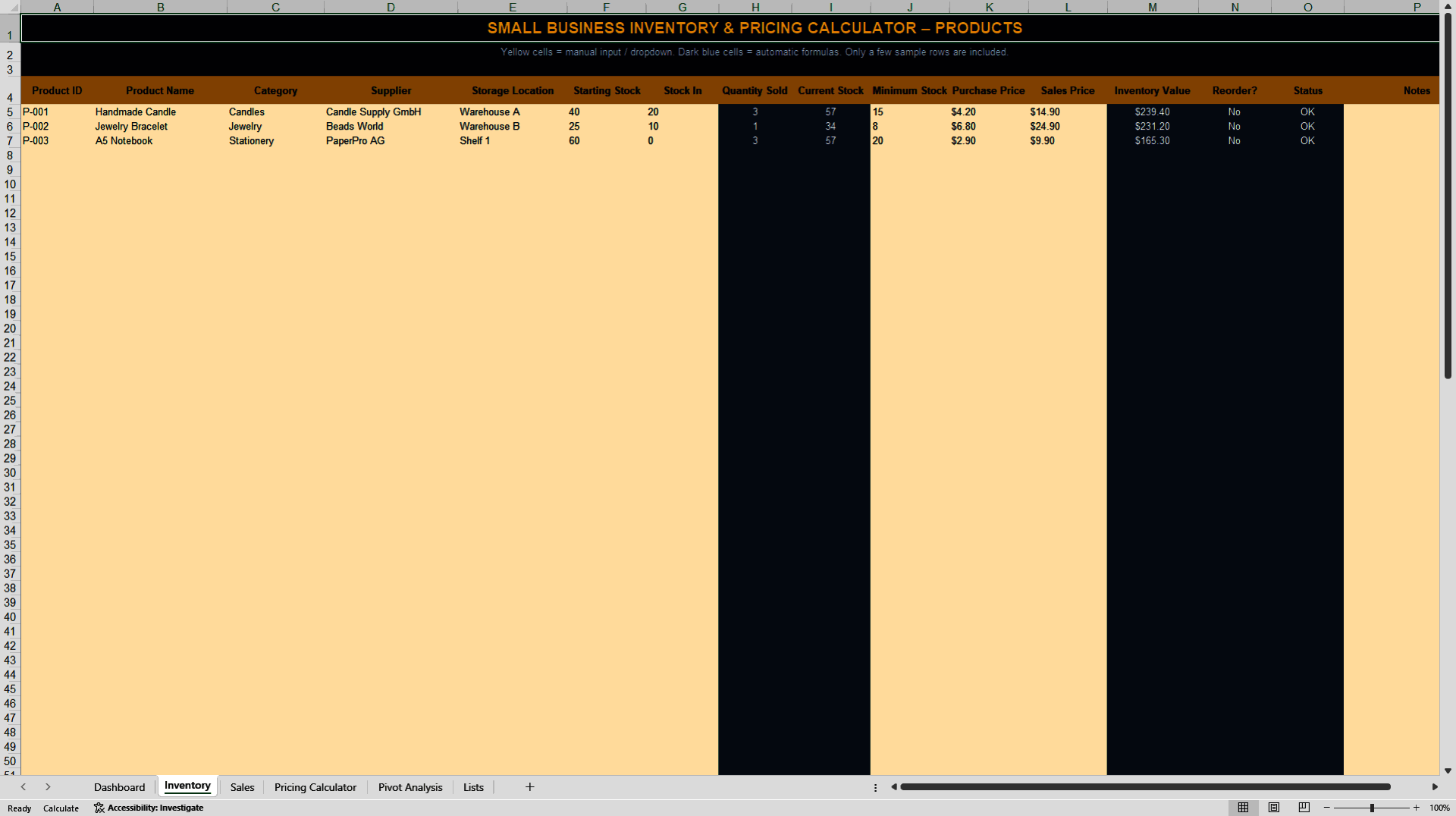 Small Business Inventory & Pricing Management Dashboard (Excel template (XLSX)) Preview Image