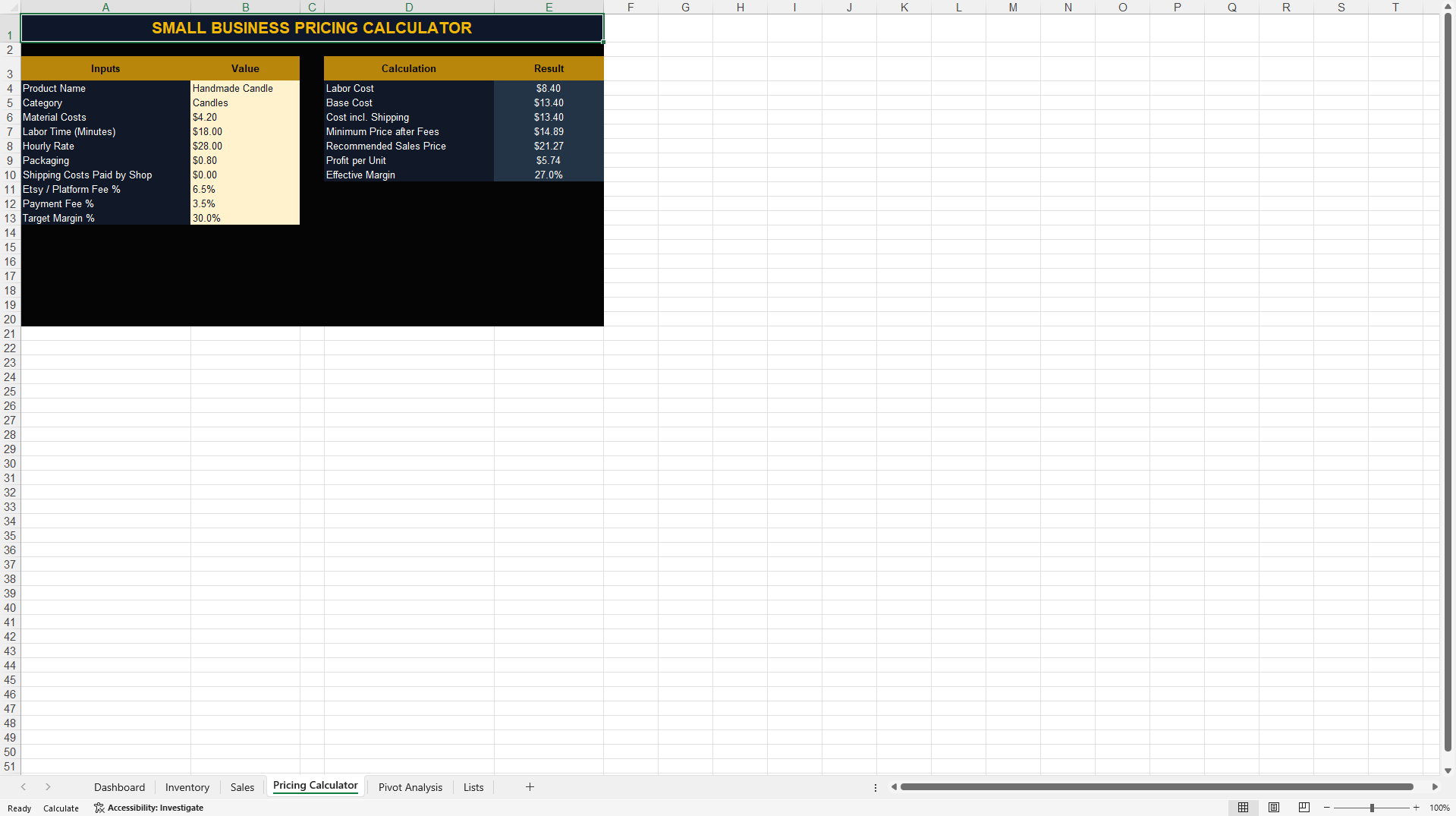 Small Business Inventory & Pricing Management Dashboard (Excel template (XLSX)) Preview Image