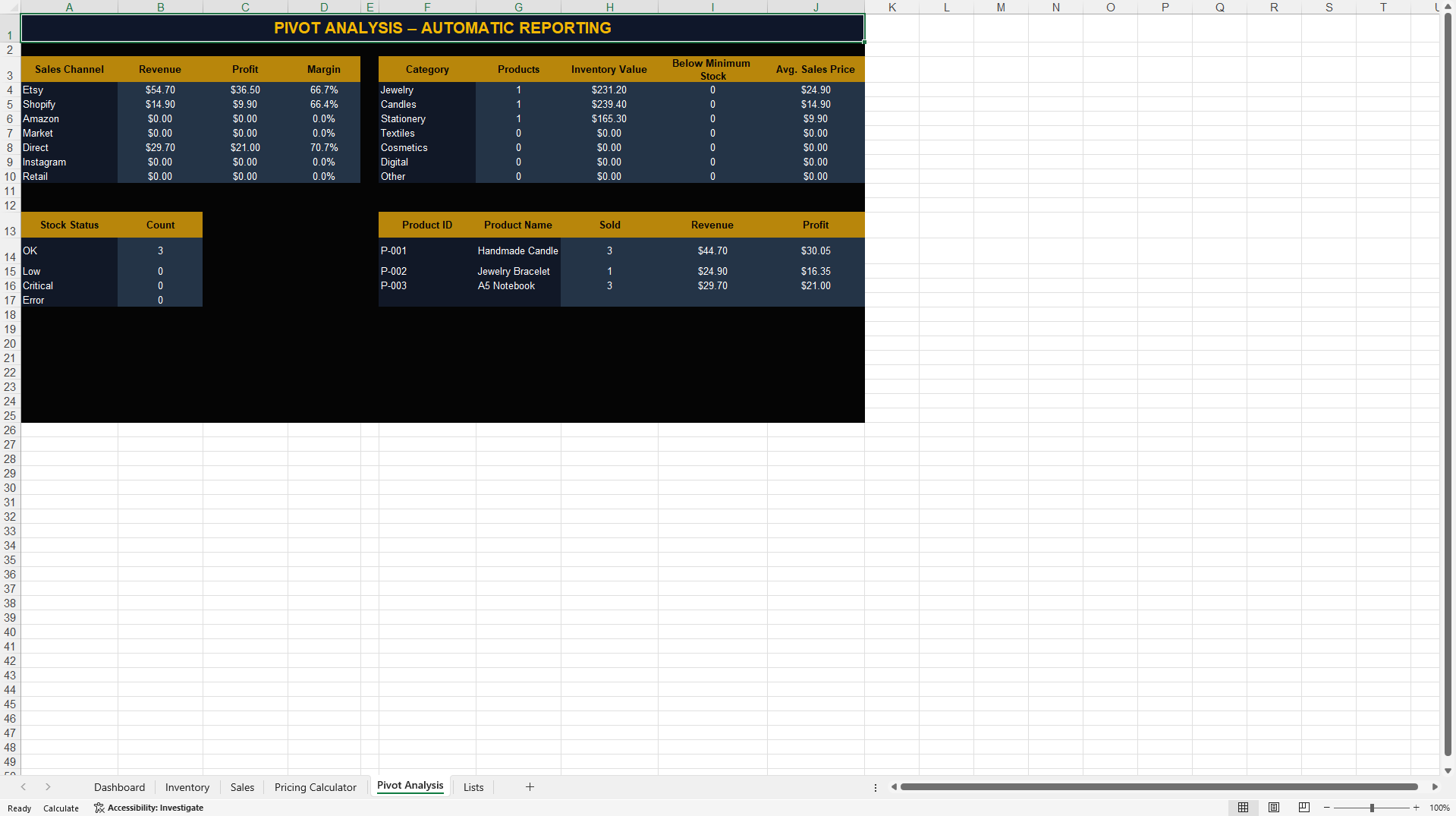 Small Business Inventory & Pricing Management Dashboard (Excel template (XLSX)) Preview Image