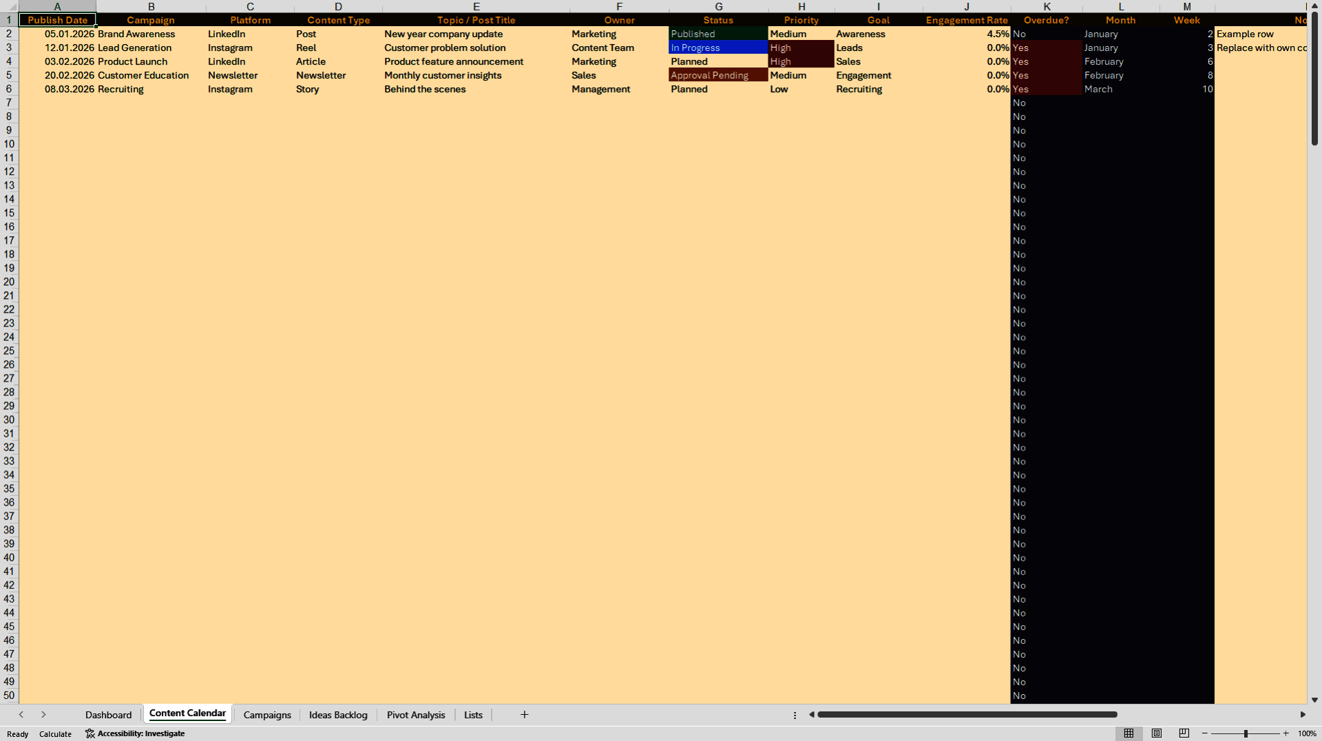 Social Media Content Planning & Campaign Dashboard (Excel template (XLSX)) Preview Image