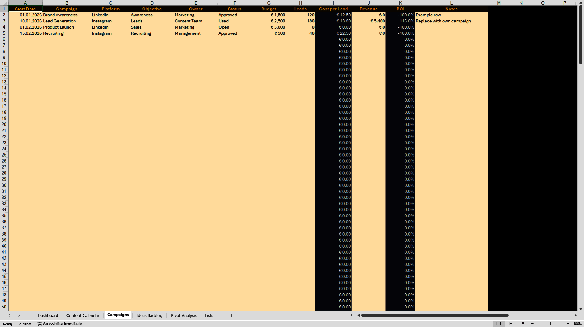 Social Media Content Planning & Campaign Dashboard (Excel template (XLSX)) Preview Image