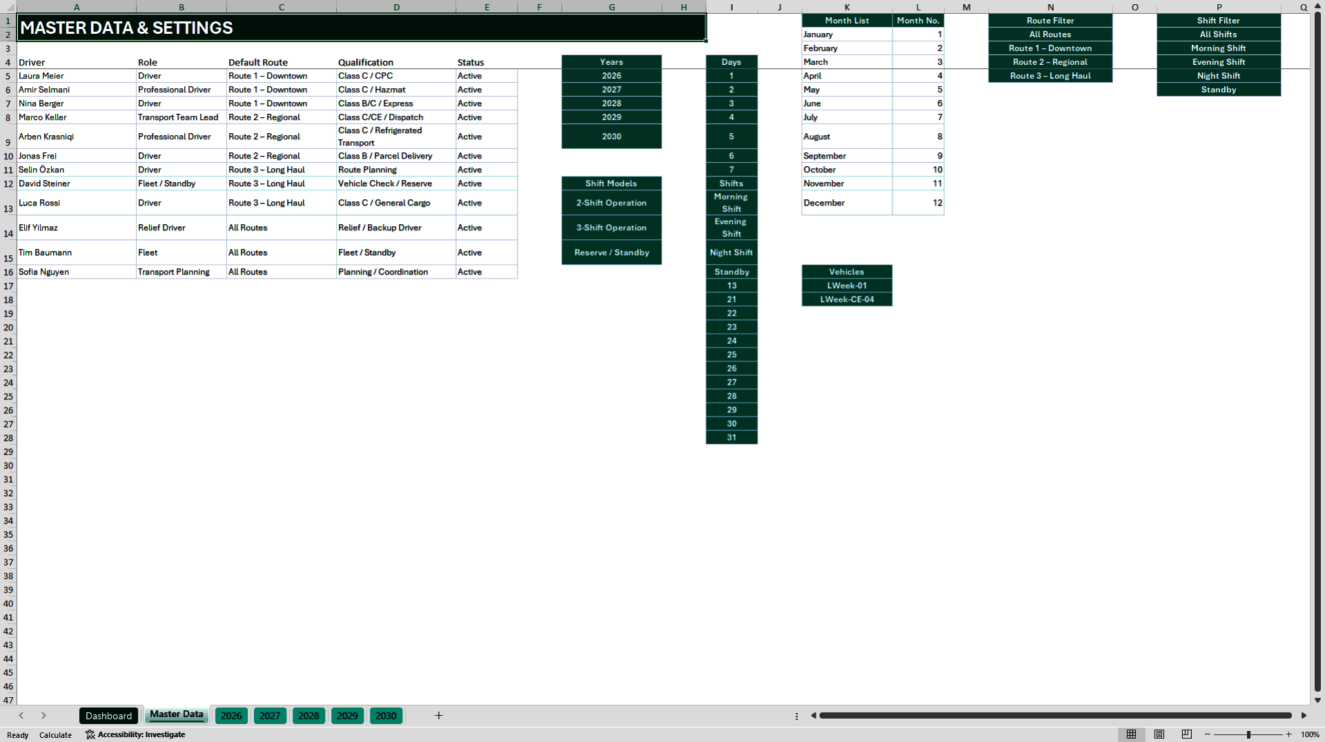 Driver Shift Planning & Transportation Workforce Dashboard (Excel template (XLSX)) Preview Image