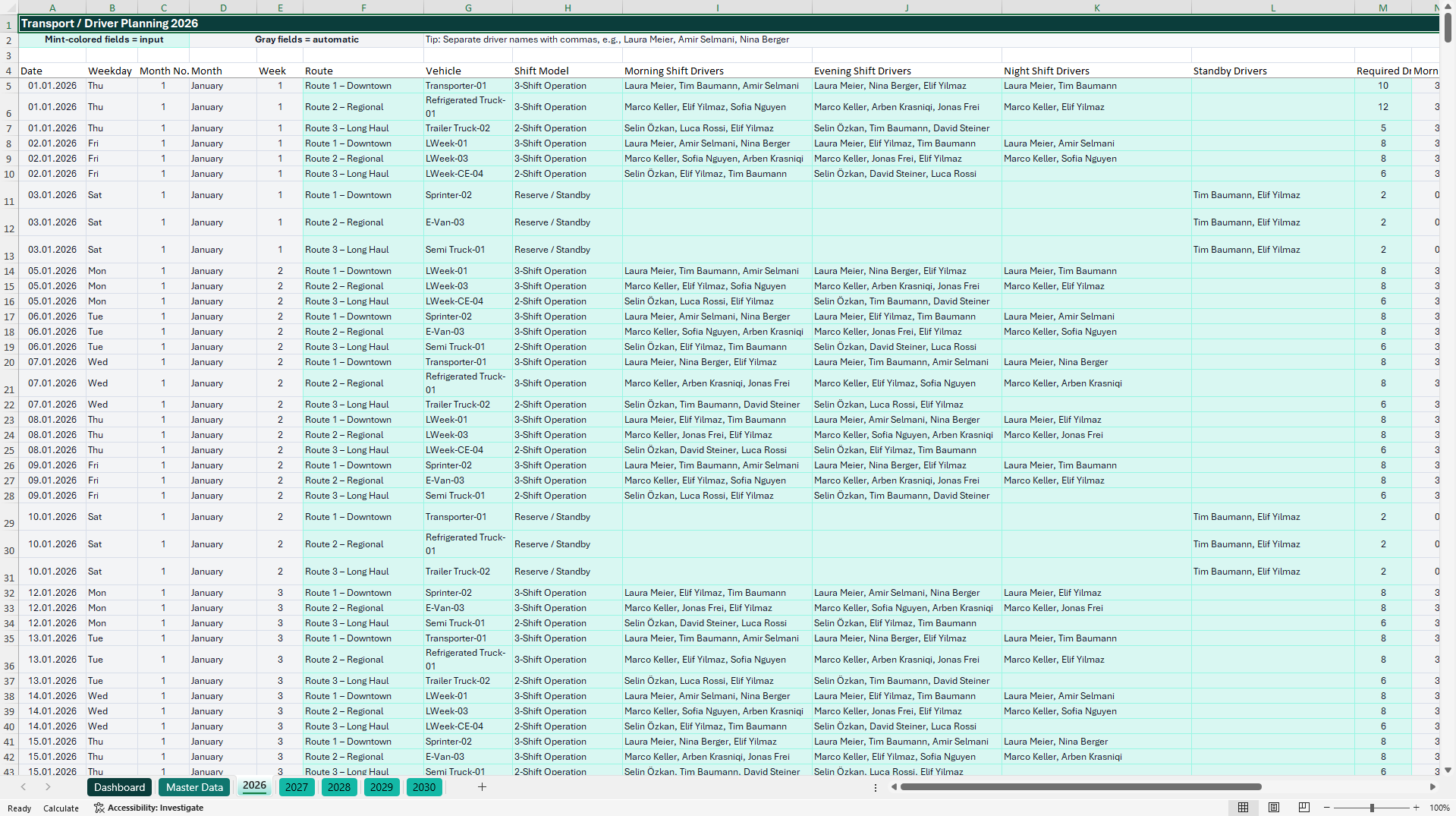 Driver Shift Planning & Transportation Workforce Dashboard (Excel template (XLSX)) Preview Image