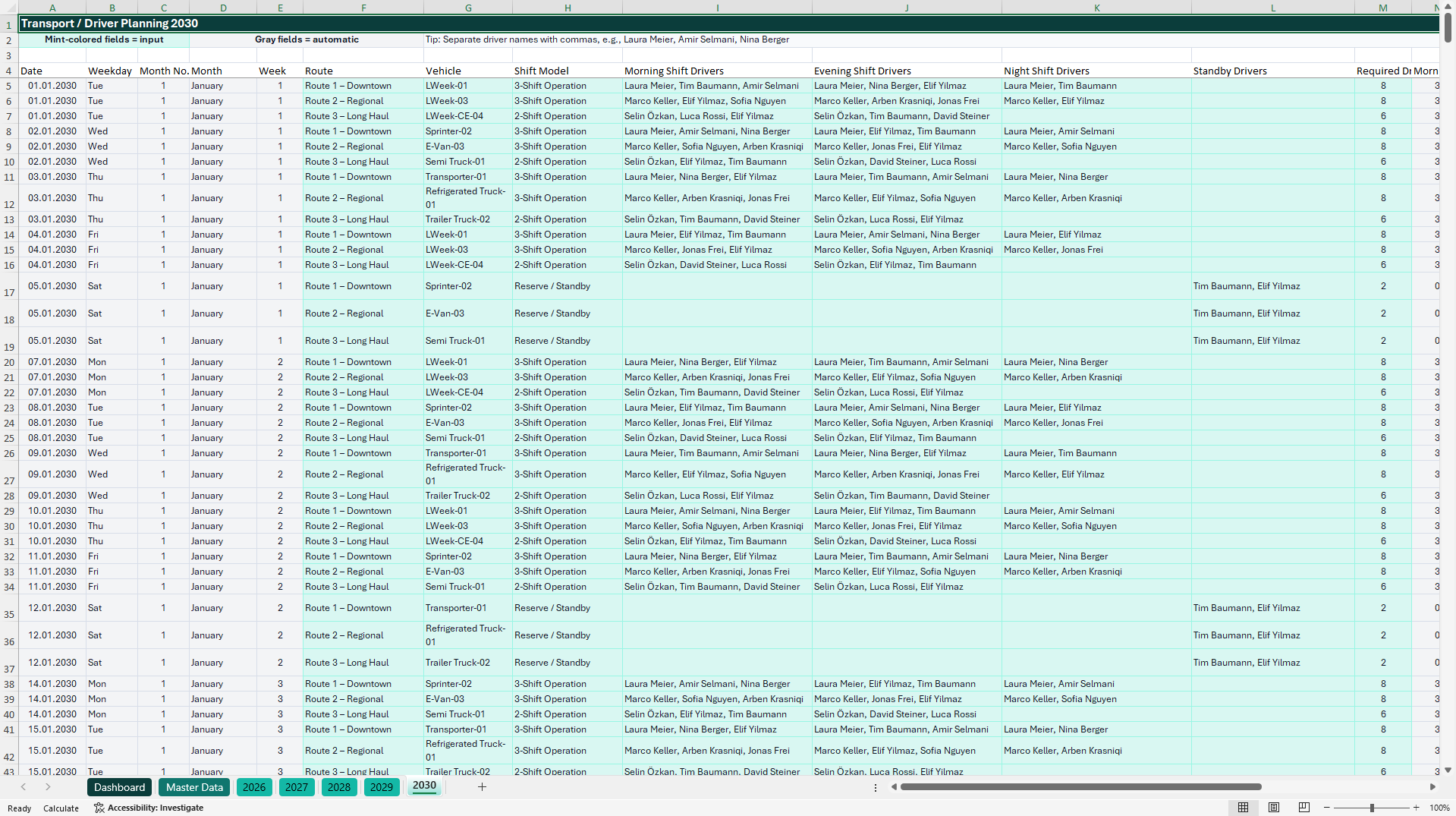 Driver Shift Planning & Transportation Workforce Dashboard (Excel template (XLSX)) Preview Image