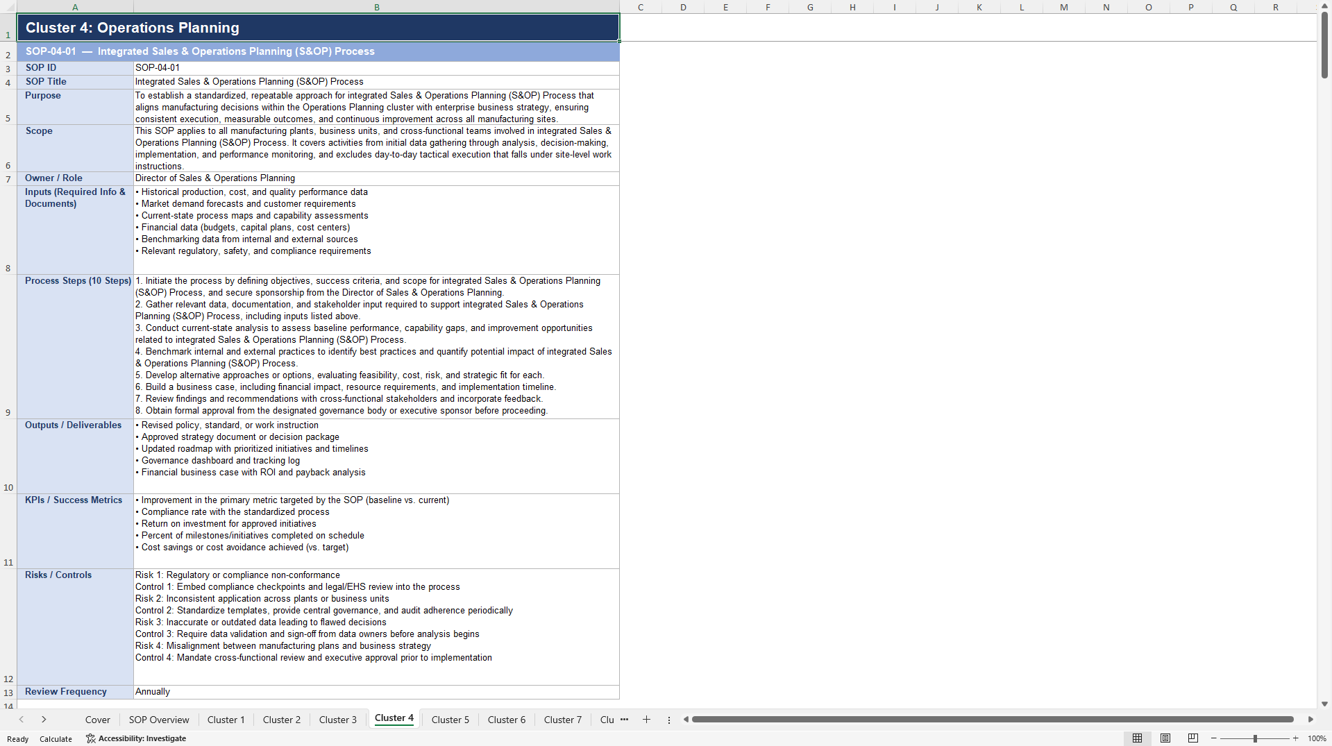 100+ Manufacturing Strategy Management SOPs (Excel template (XLSX)) Preview Image