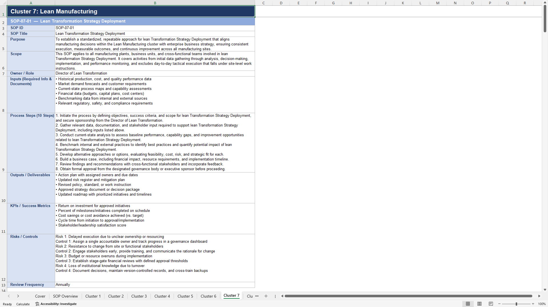100+ Manufacturing Strategy Management SOPs (Excel template (XLSX)) Preview Image