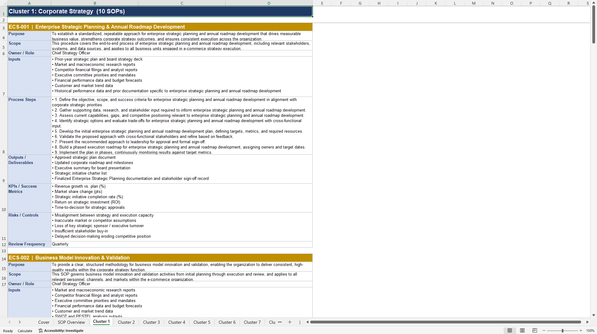100+ E-Commerce Strategy Management SOPs (Excel template (XLSX)) Preview Image