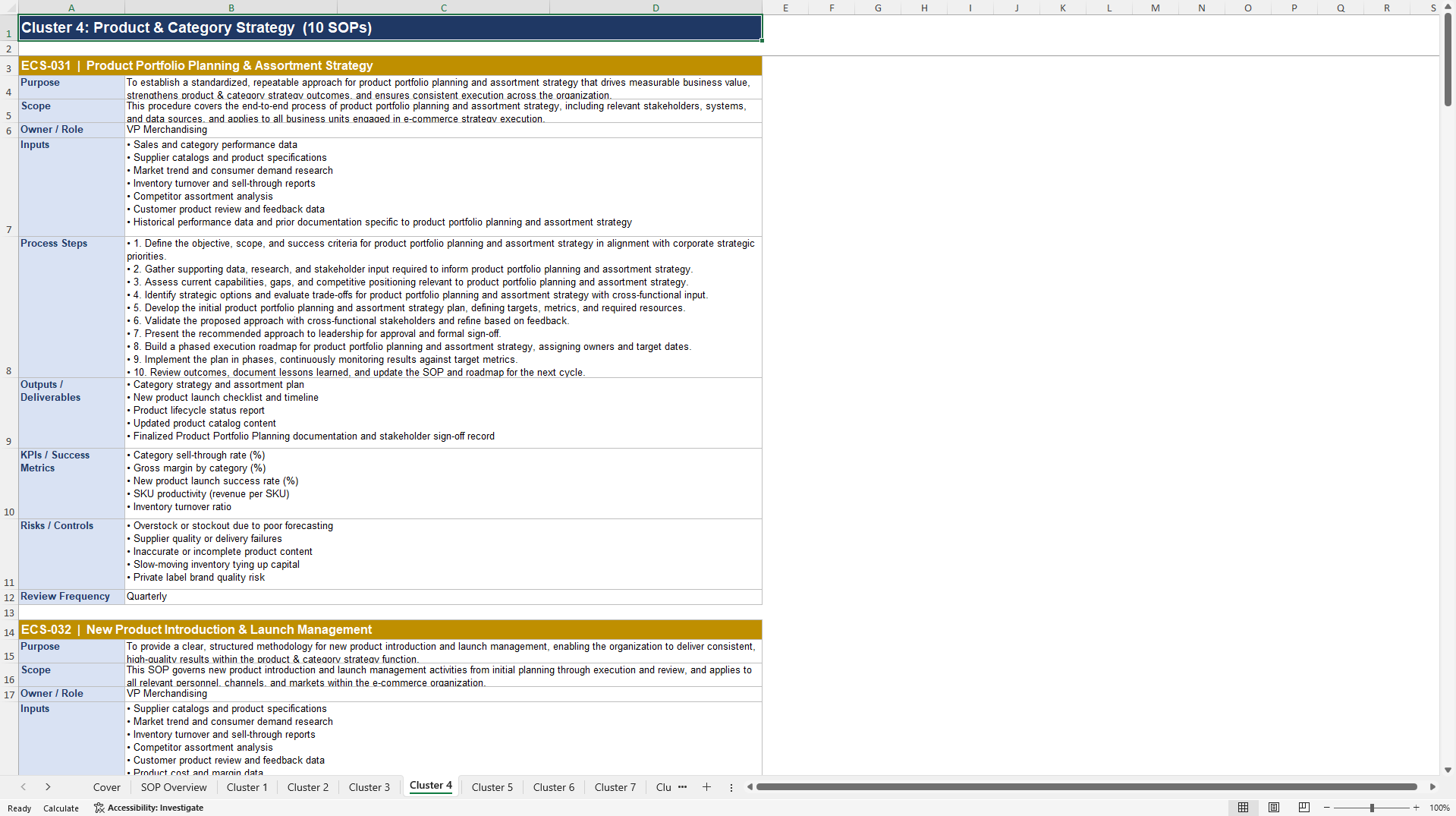100+ E-Commerce Strategy Management SOPs (Excel template (XLSX)) Preview Image