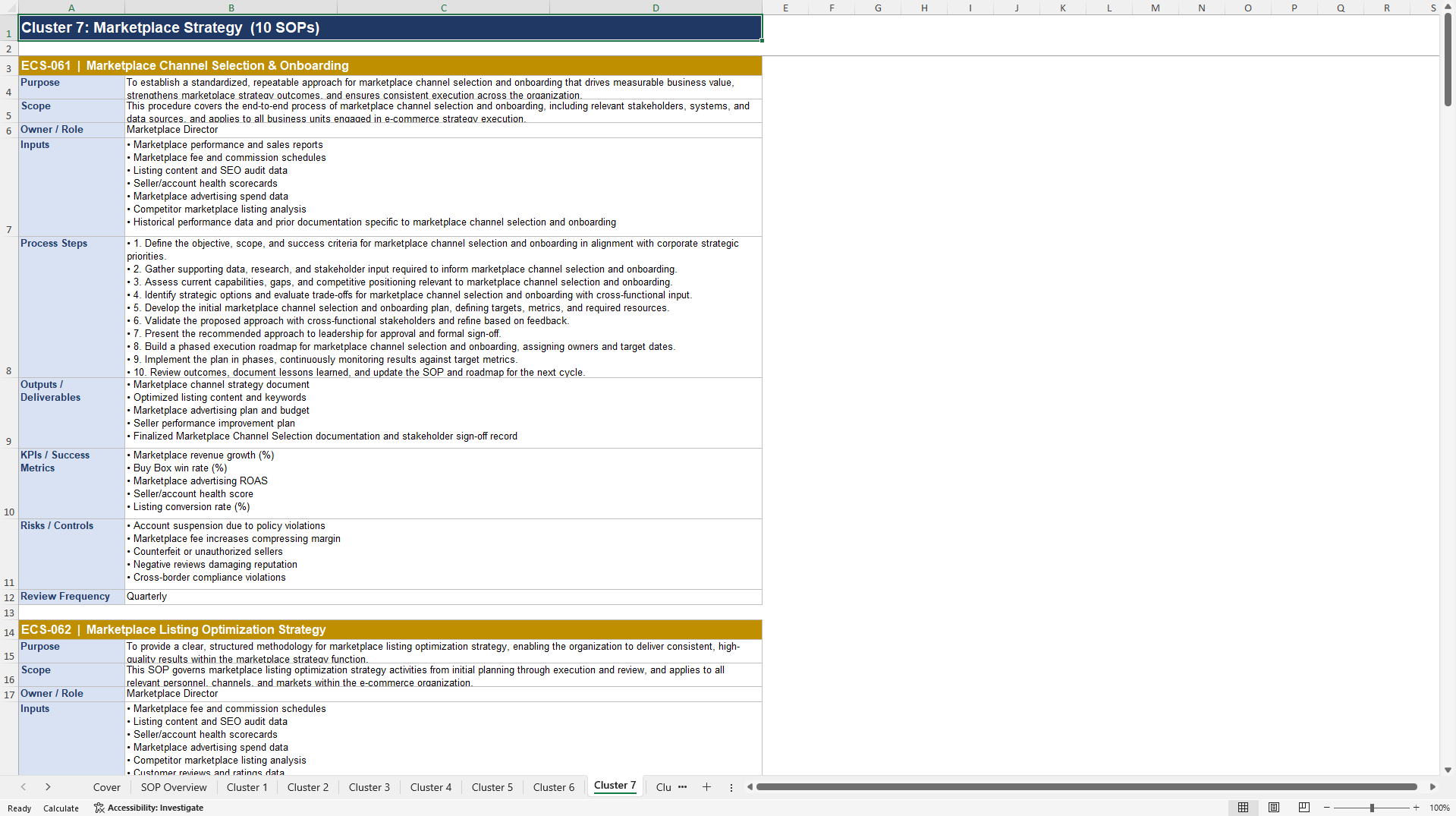 100+ E-Commerce Strategy Management SOPs (Excel template (XLSX)) Preview Image