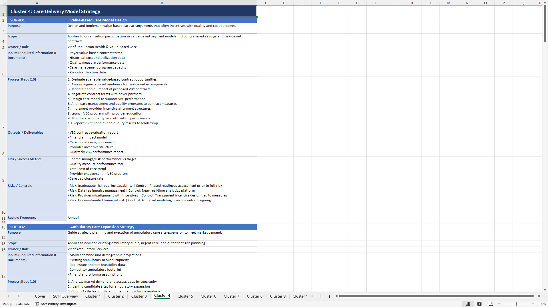 100+ Healthcare Provider Strategy Management SOPs (Excel template (XLSX)) Preview Image