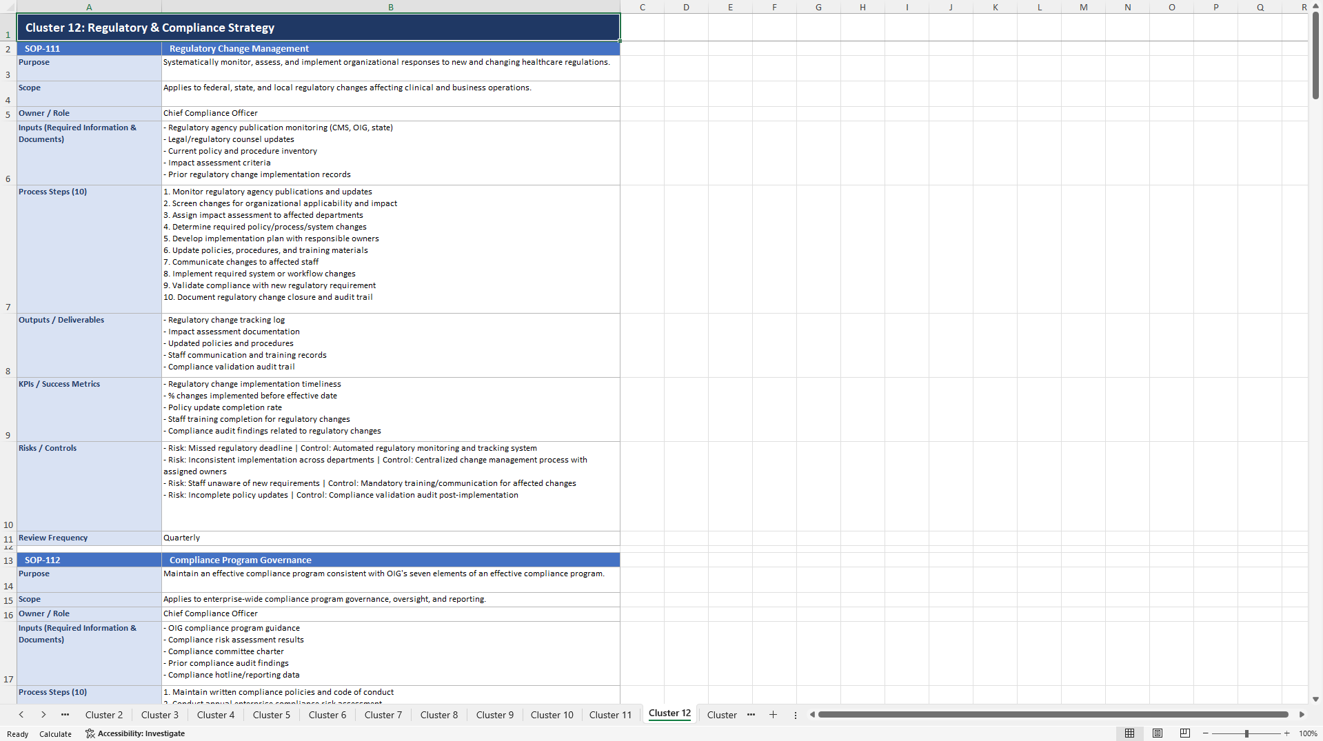 100+ Healthcare Provider Strategy Management SOPs (Excel template (XLSX)) Preview Image