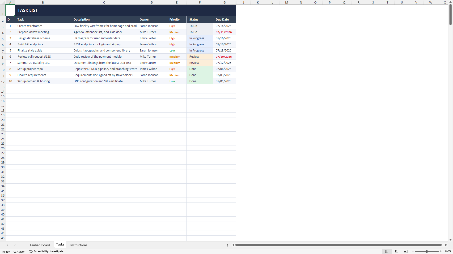 Kanban Board Project Management Dashboard (Excel template (XLSX)) Preview Image