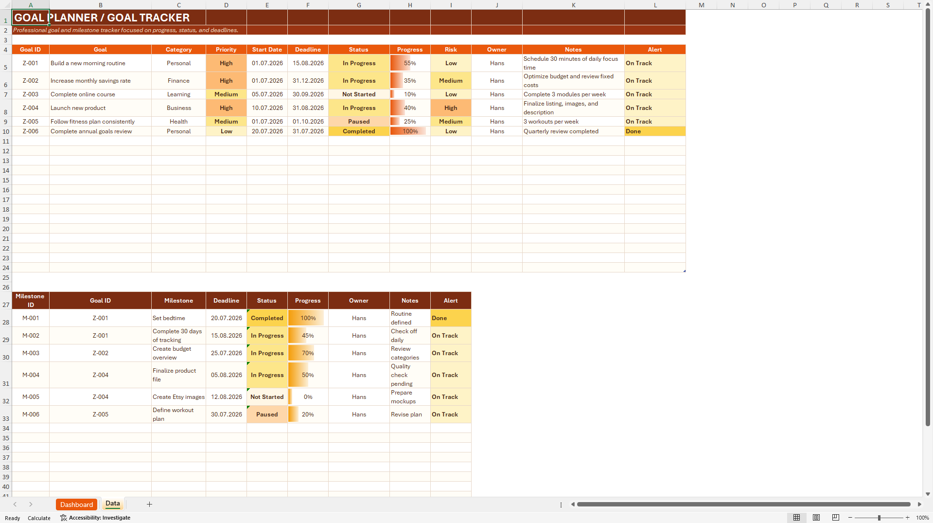 Goal Planner & Progress Tracker Dashboard (Excel template (XLSX)) Preview Image