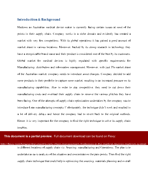 Supply Chain Management Challenges in the Medical Devices (MedCom Australia Case) (22-page Word document) Preview Image