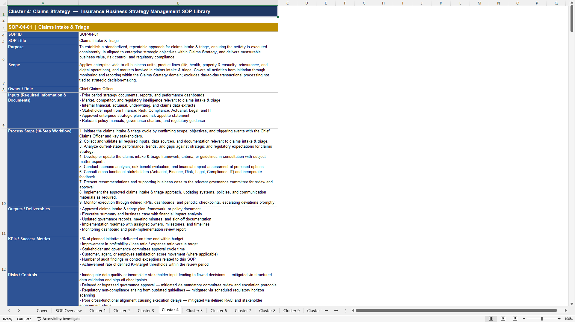 100+ Insurance Business Strategy Management SOPs (Excel template (XLSX)) Preview Image