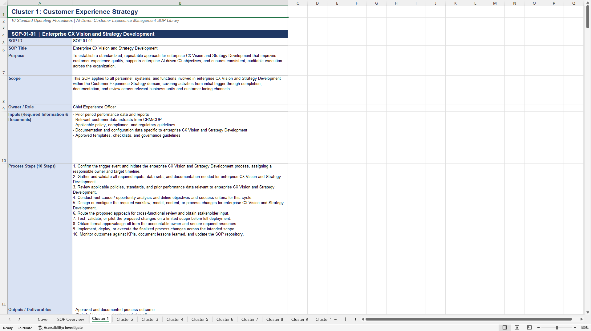 100+ AI-Driven Customer Experience Management SOPs (Excel template (XLSX)) Preview Image