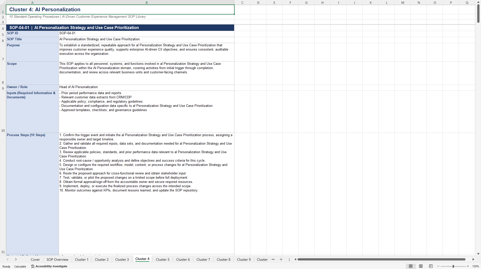 100+ AI-Driven Customer Experience Management SOPs (Excel template (XLSX)) Preview Image