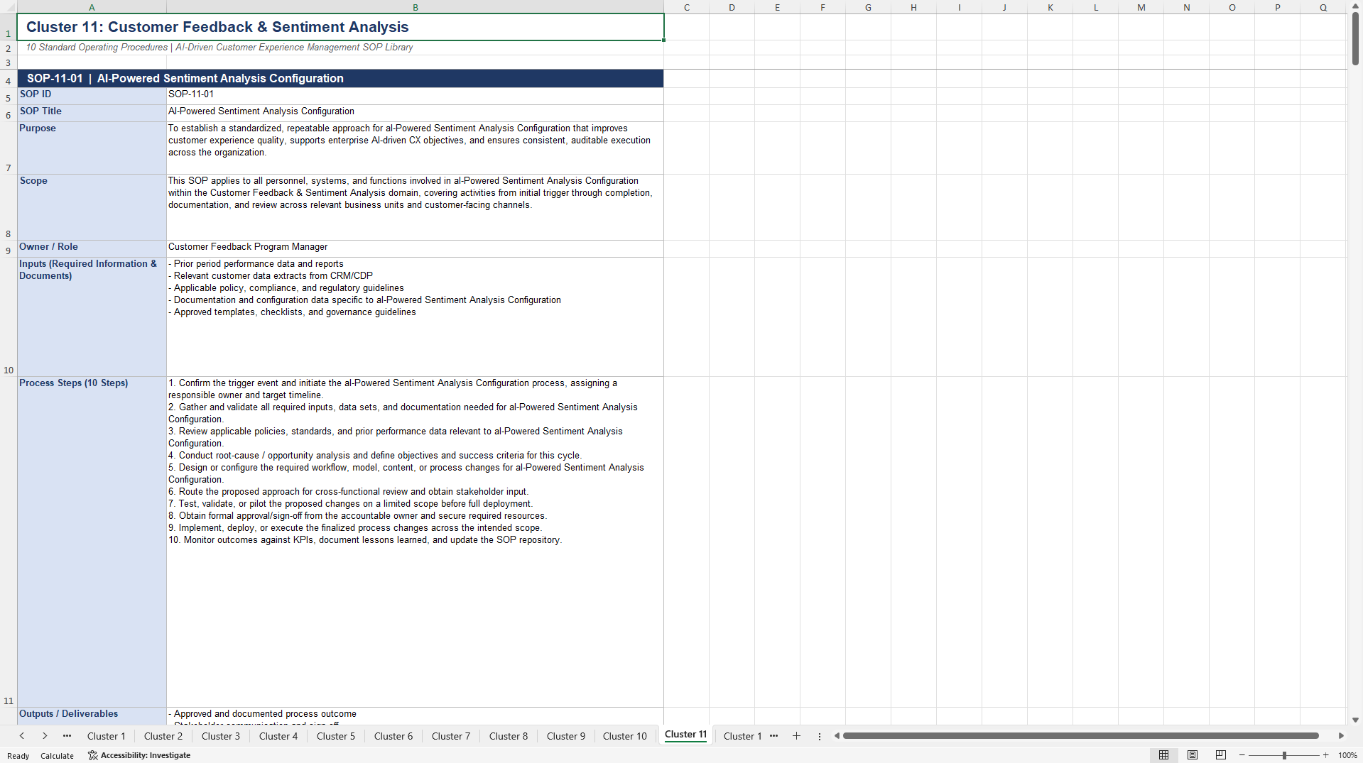 100+ AI-Driven Customer Experience Management SOPs (Excel template (XLSX)) Preview Image